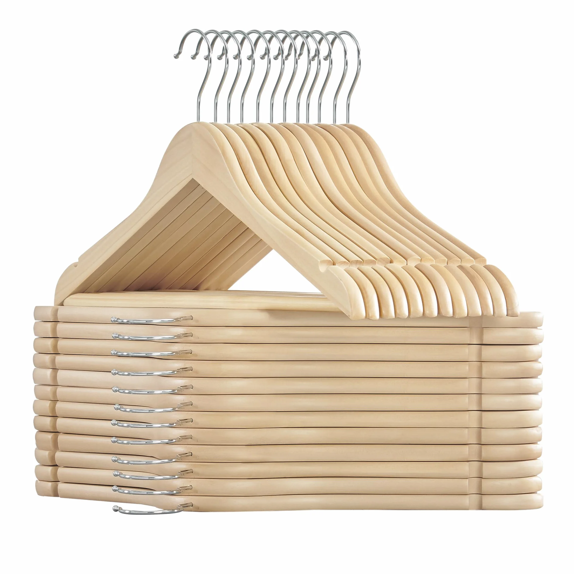 SONGMICS Perchas de madera, 24 unidades, antideslizantes, barra para pantalones, ganchos giratorios de 360°, para chaquetas, camisas, abrigos, color beige natural, UCRW010N24