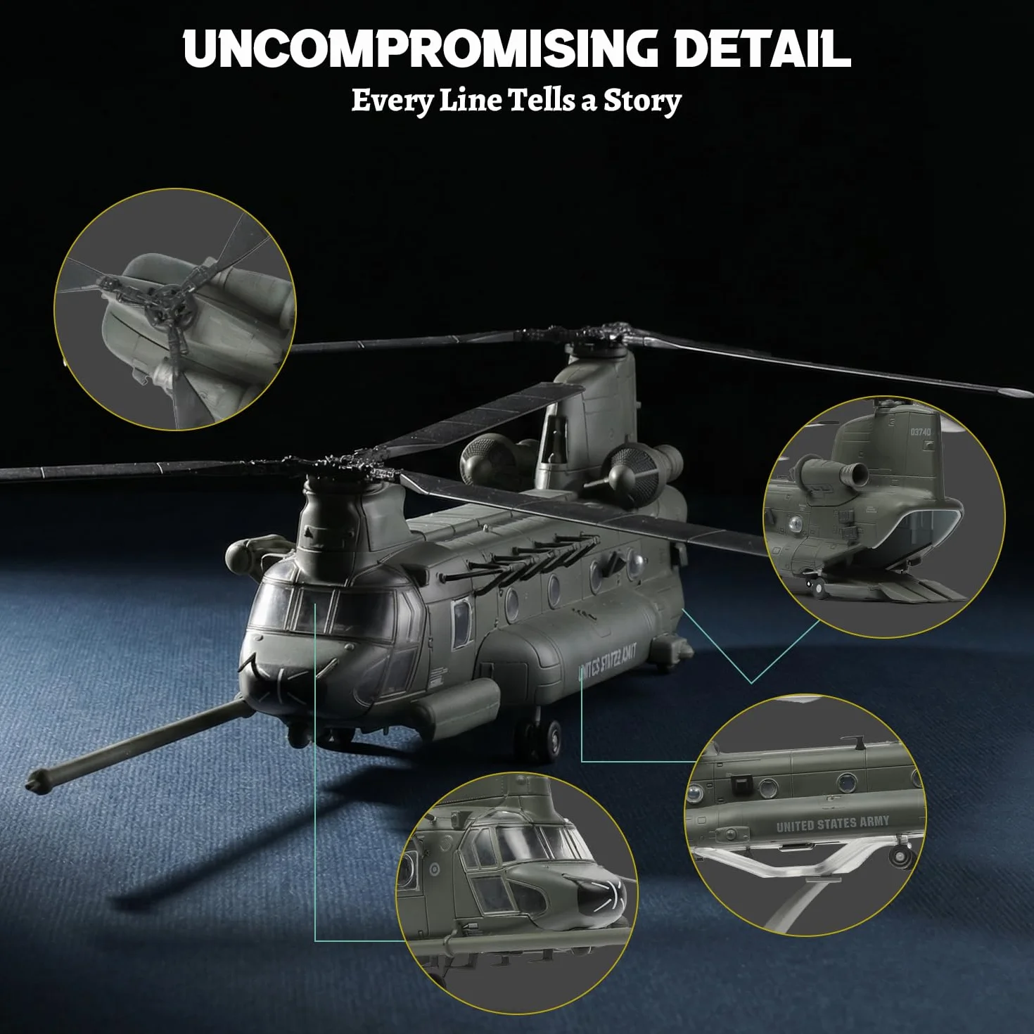 NUOTIE 1/72 MH-47G Chinook - Modelo de helicóptero de elevación pesada, avión militar de metal fundido a presión con rotores desmontables y soporte de exhibición de 15.6 pulgadas, gran escala