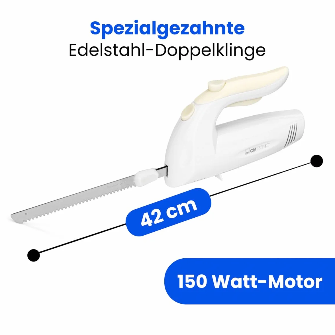 Clatronic EM 3062 - Cuchillo eléctrico dentado de acero inoxidable, 150 W, color blanco