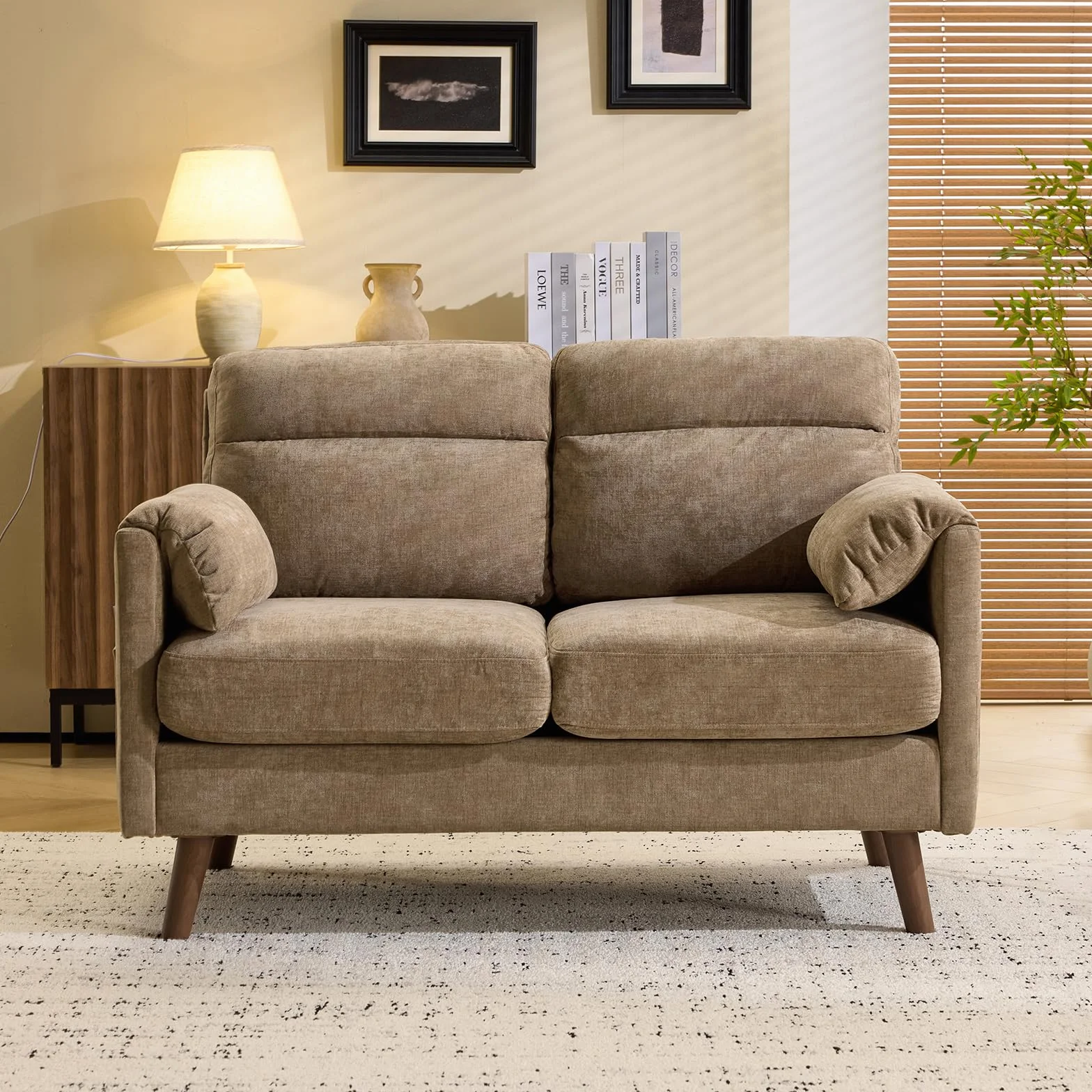 Sofá Bonnlo 2 plazas pequeño, sofá mini de 125 cm, pequeño sofá de tela con suaves reposabrazos, pequeño sofá para oficina, sala de estar, dormitorio y estudio, montaje sencillo, lino (marrón)