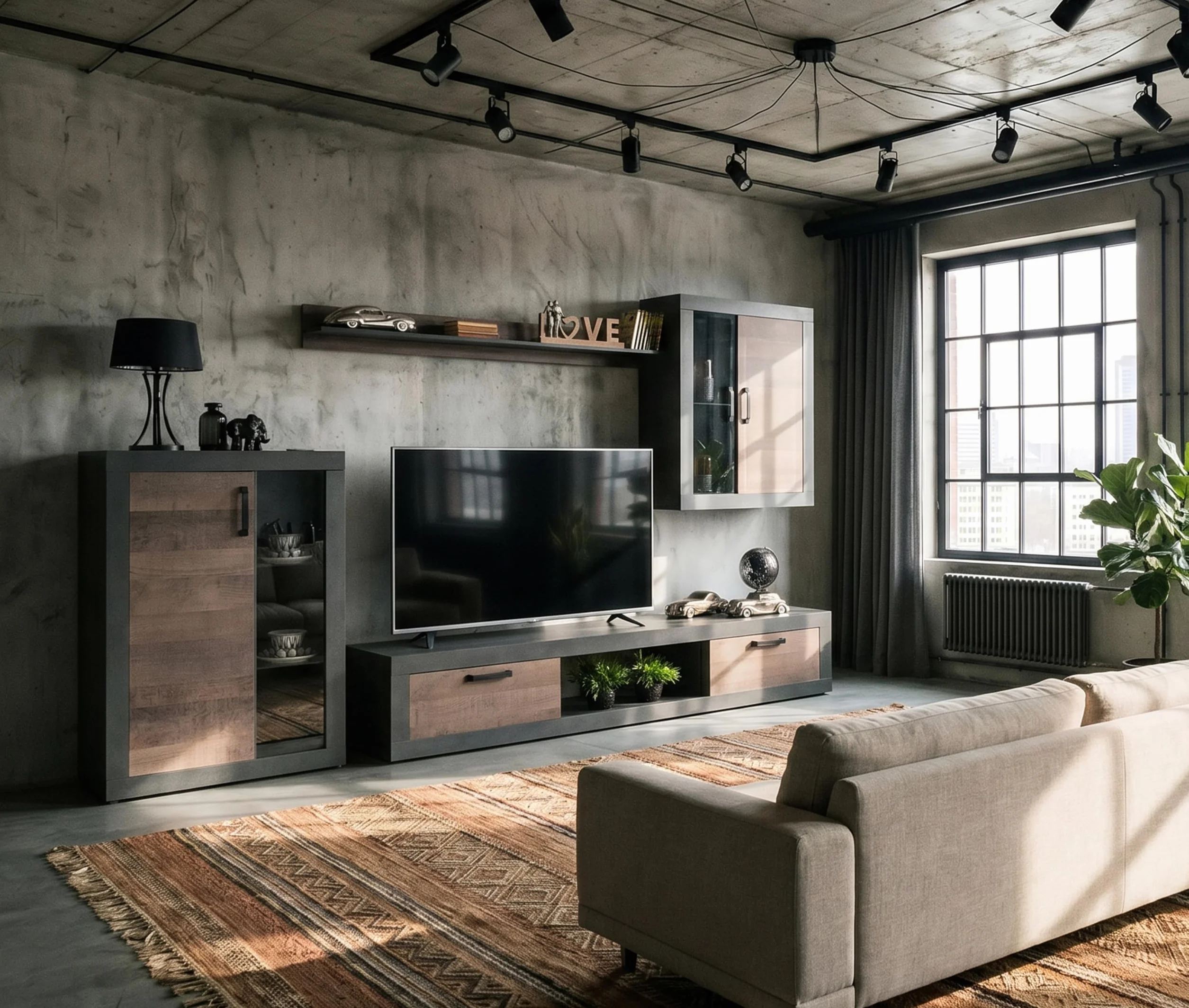 Homely - Mueble de Salón Modular Duke | Conjunto 4 Muebles 300 cm. | Muebles Salón Completo | Mueble para Televisión + Mueble Bajo + Mueble Alto + Estantería Alta | Color Nogal y Grafito