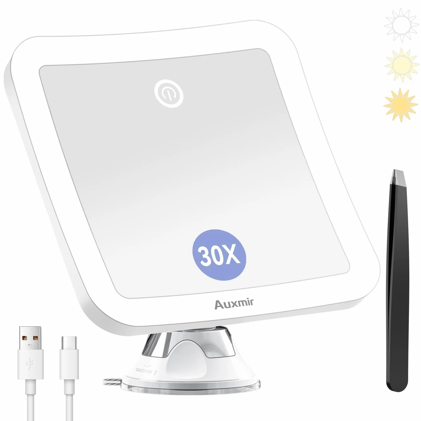 Auxmir Espejo Maquillaje con Luz 30X, 2000 mAh USB Recargable, 360° Giratorio, 3 Colores Luz, Inalámbrico