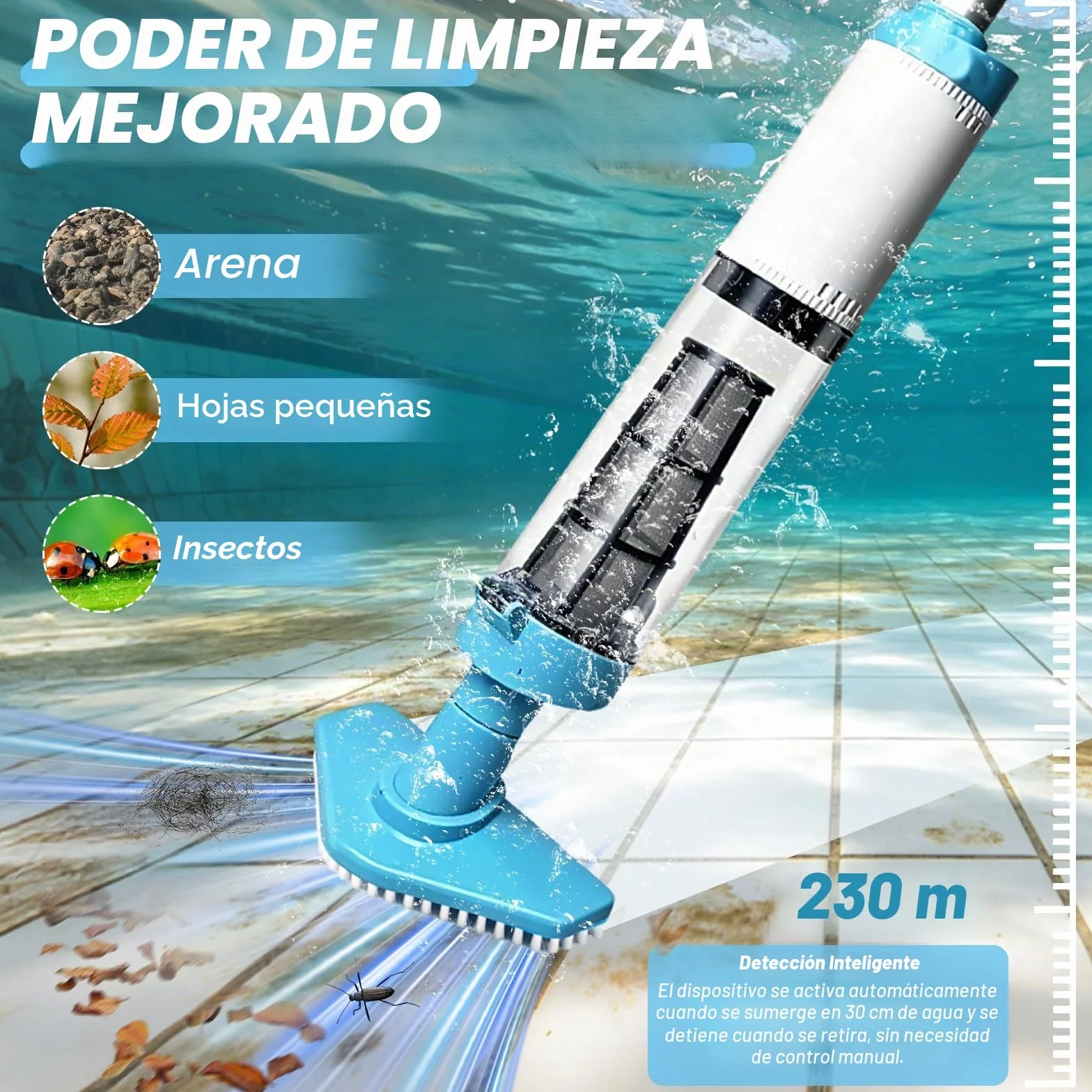 3 en 1 Limpiafondos para Piscina Inalámbrica con Mango Telescópico Aspirador Bateria Recargable Portátil Piscinas Fondos para SPA Eliminar Arena y Residuos,Tiempo de Ejecución 90 Minutos