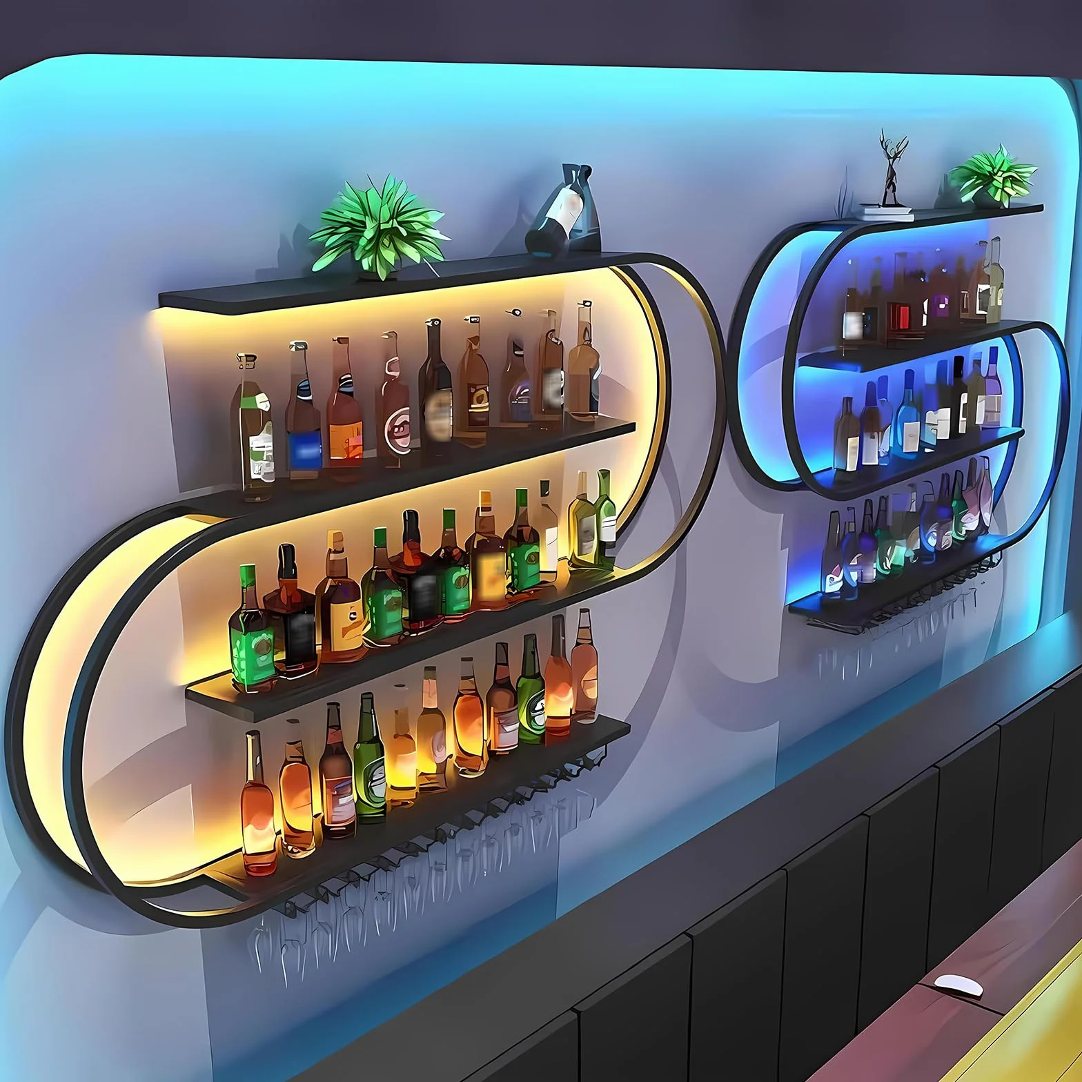 Botellero de Pared con portavasos, Estantería de Hierro de 4 Plantas, Soporte Flotante para exhibición de Vino, Estante de Botellas de Pared, para el hogar, Restaurante, Bares (Negro, 120cm)