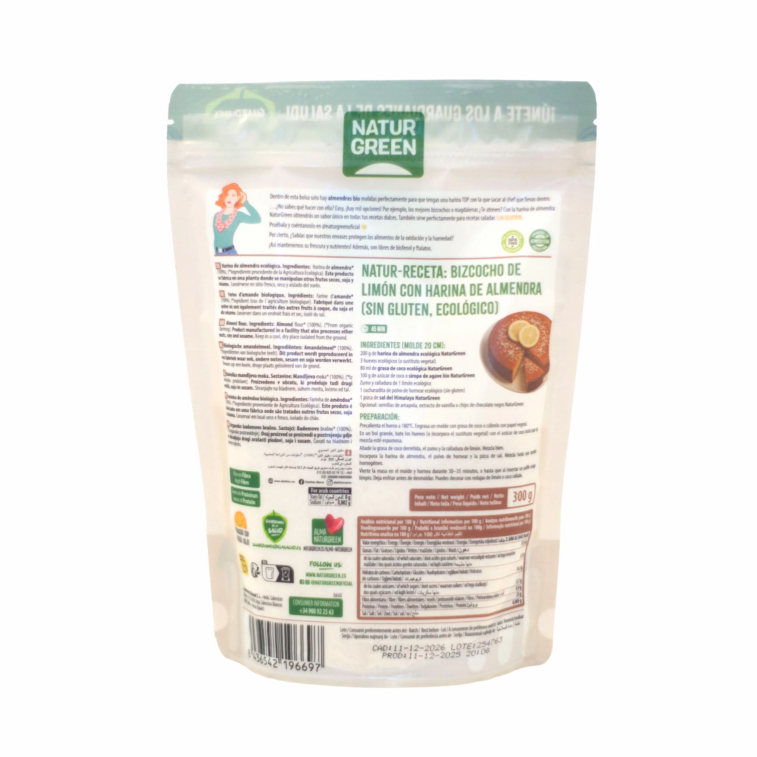 NaturGreen Harina de Almendra Bio 300 g Ecológica Sin Azúcares Añadidos Sin Gluten