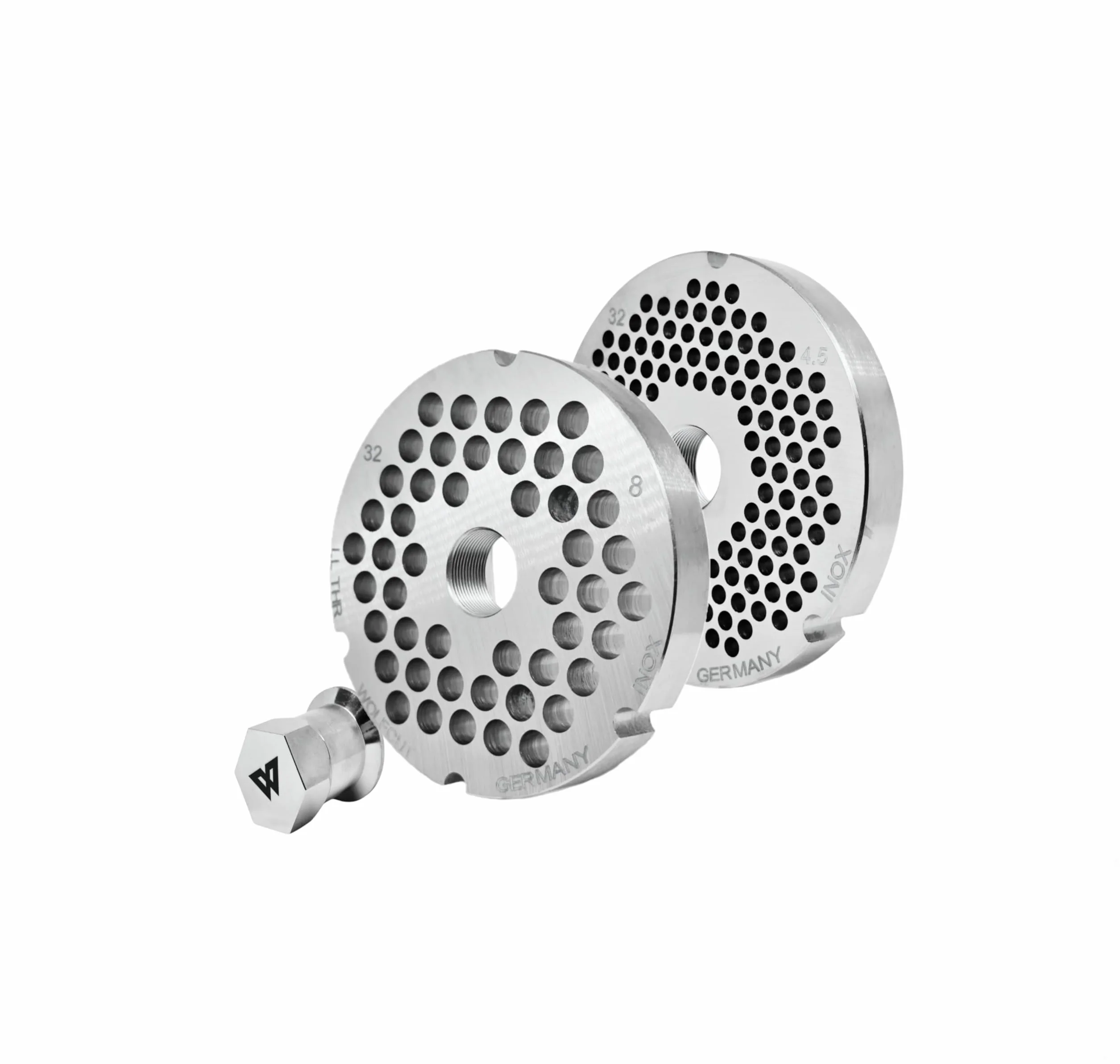 Wolfcut Inox Longlife - Juego de cuchillas para picadora de carne (4 ranuras y rosca de 4,5 mm + orificio de 8,0 mm y tapa de rosca, repuesto para/compatible con picadora Bizerba FW-N32, tamaños 32)