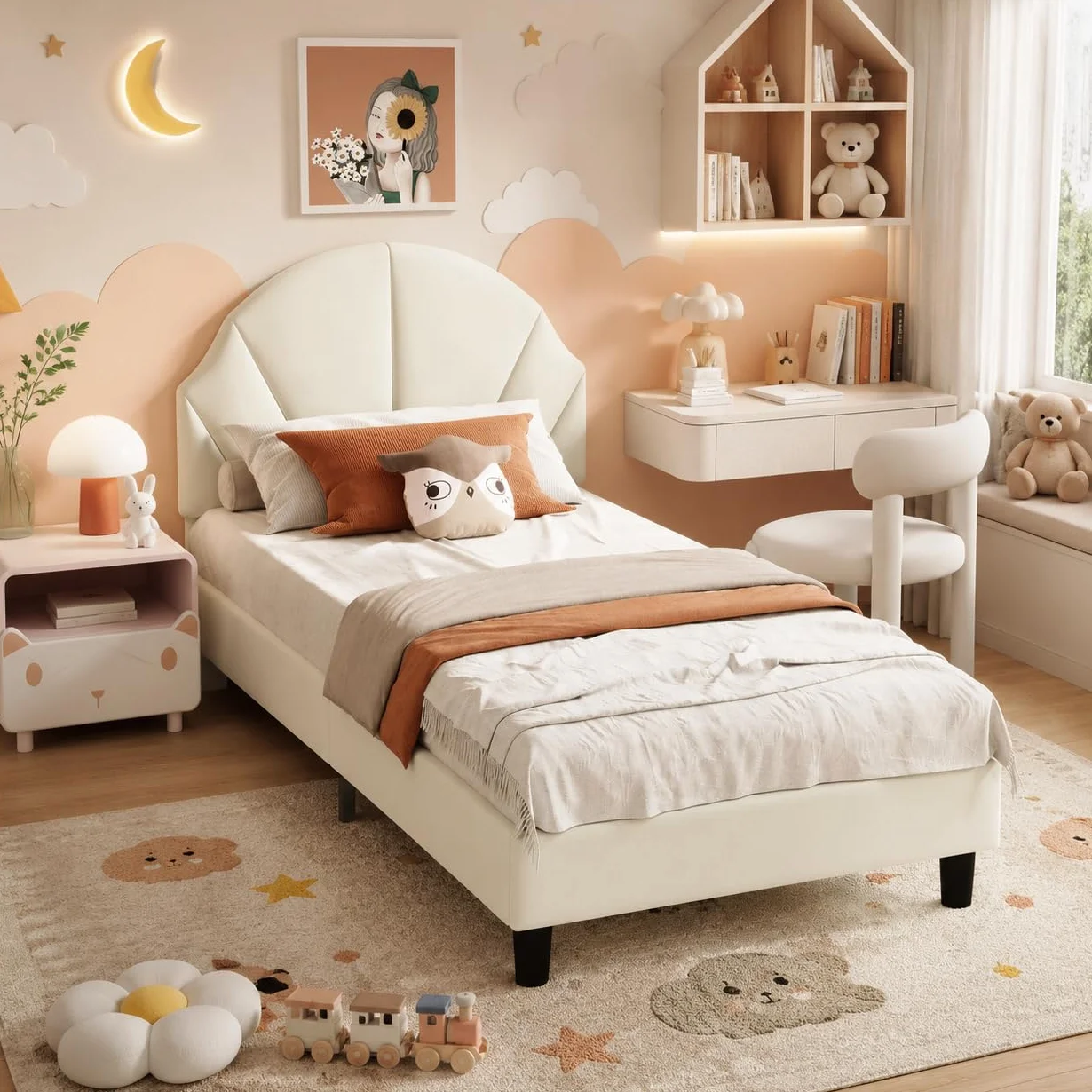 Cama infantil acolchada 90 x 200 cm, cama individual con somier y cabecero ajustable, cama juvenil, cama tapizada para niñas y niños, sin colchón, terciopelo, beige