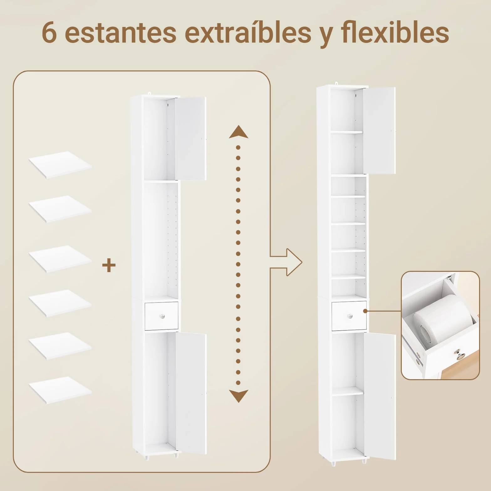 SoBuy Mueble Baño Estrecho Alto Armario Columna Auxiliar Almacenaje con Estantes Regulables Cajón 20x20x180cm BZR34-II-W
