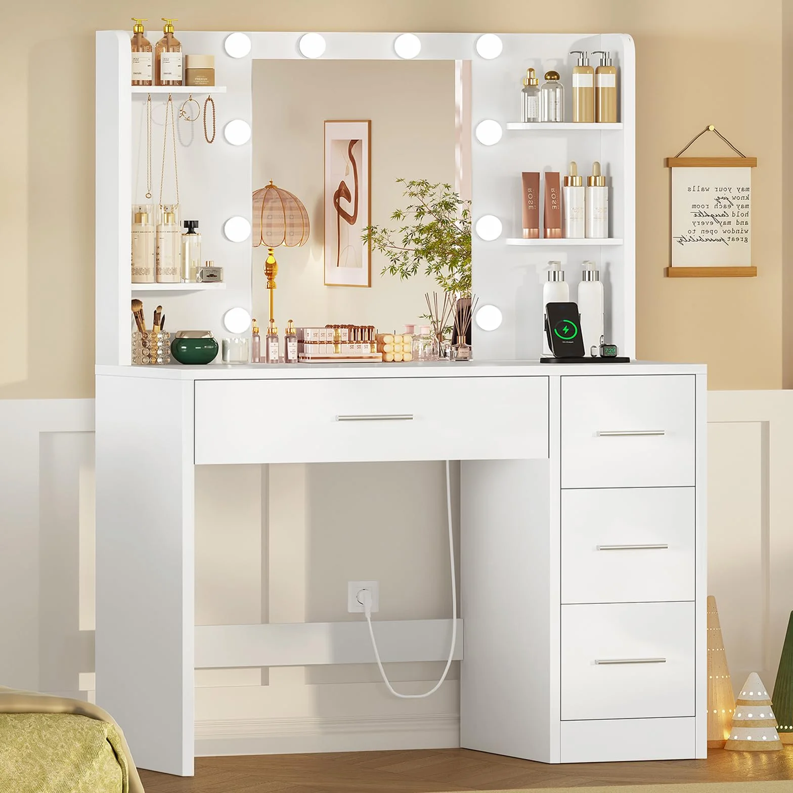 Mesa de Maquillaje con Luces y Espejo, Tocador Blanco con 4 Cajones y Estantes