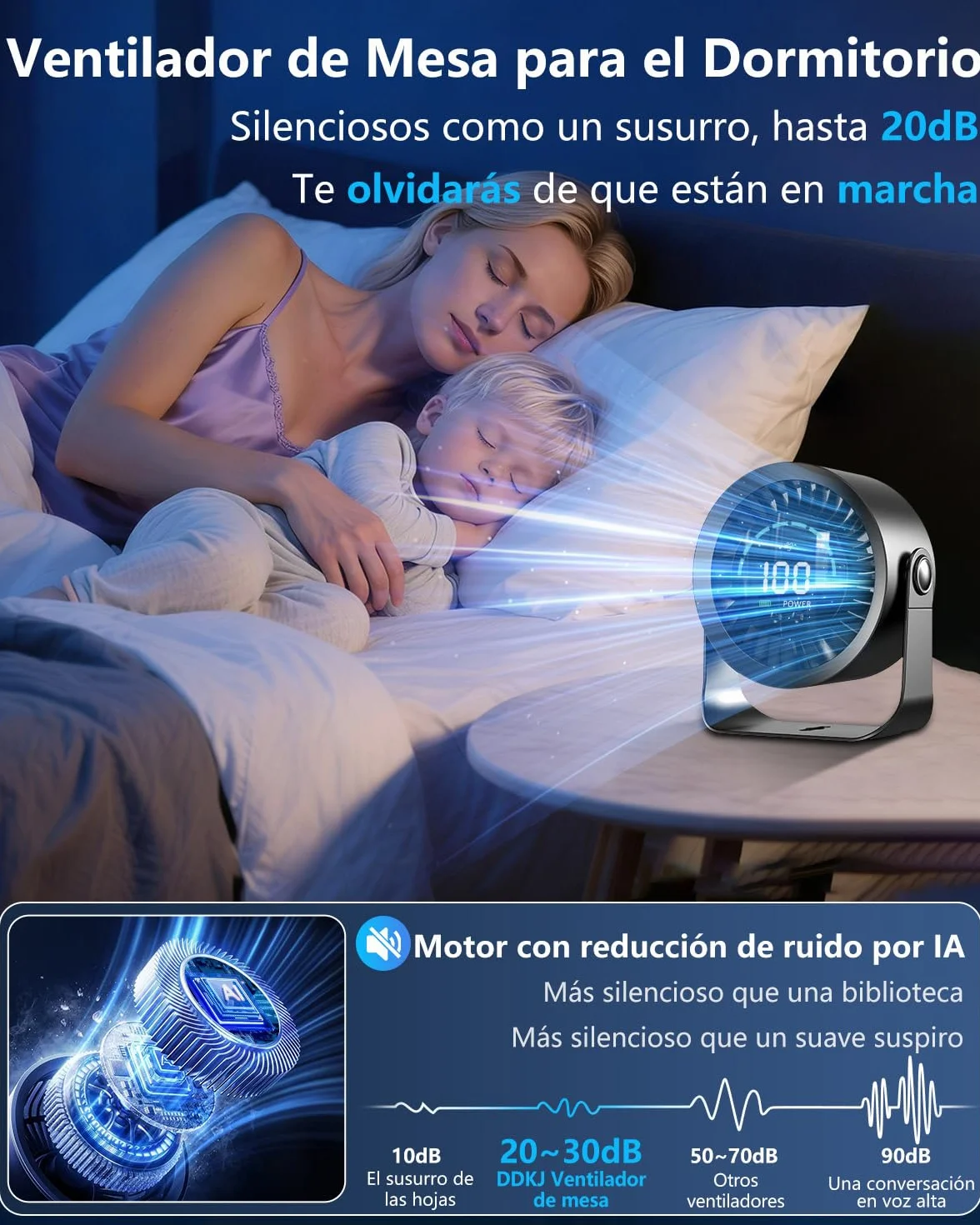 Ventilador de Mesa Silencioso 4000mAh USB Recargable, 100 Ajustes Continuos, Pantalla LED, 2 en 1 Escritorio/Pared - Negro