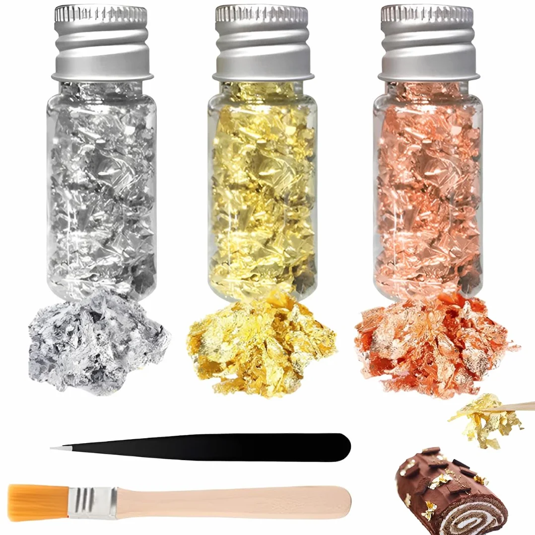 Copos de Pan de Oro Comestible 3 Unidades, Lámina Decorativa Multifuncional para Pasteles, Repostería y Galletas