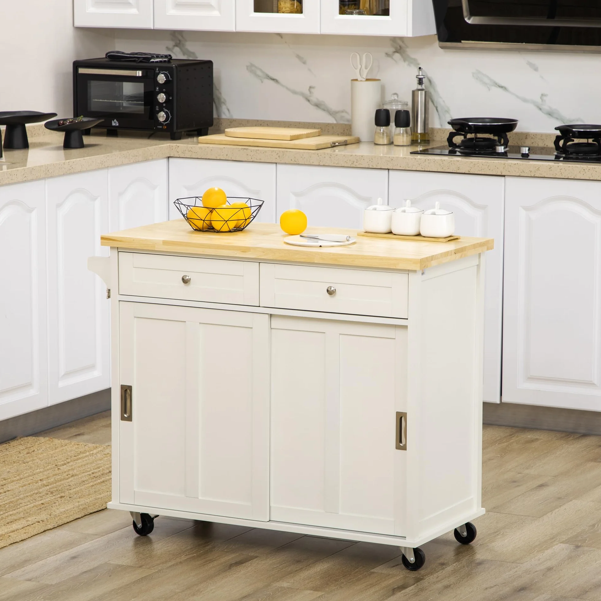 HOMCOM Carrito de Cocina Isla de Cocina Multifuncional con 4 Ruedas 2 Puertas Correderas 2 Cajones Estantes Ajustables y Barra de Colgar para Comedor Sala 110x49,5x89,5 cm Crema