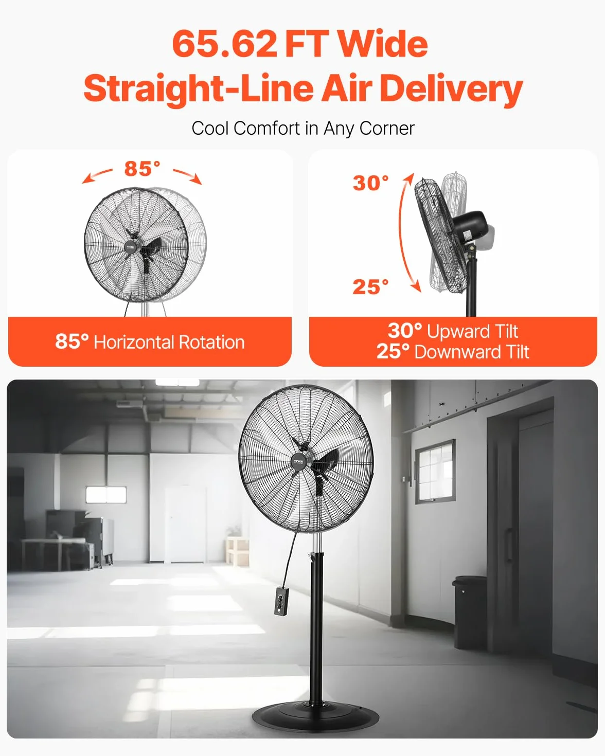 VEVOR Ventilador Oscilante de Pedestal 67 cm, Altura Ajustable de 131 a 193 cm Ventilador de Pie 3 Velocidades de Alta Potencia, para Sala de Estar, Hogar, Oficina, Negro, 670 x 600 x 1930 mm