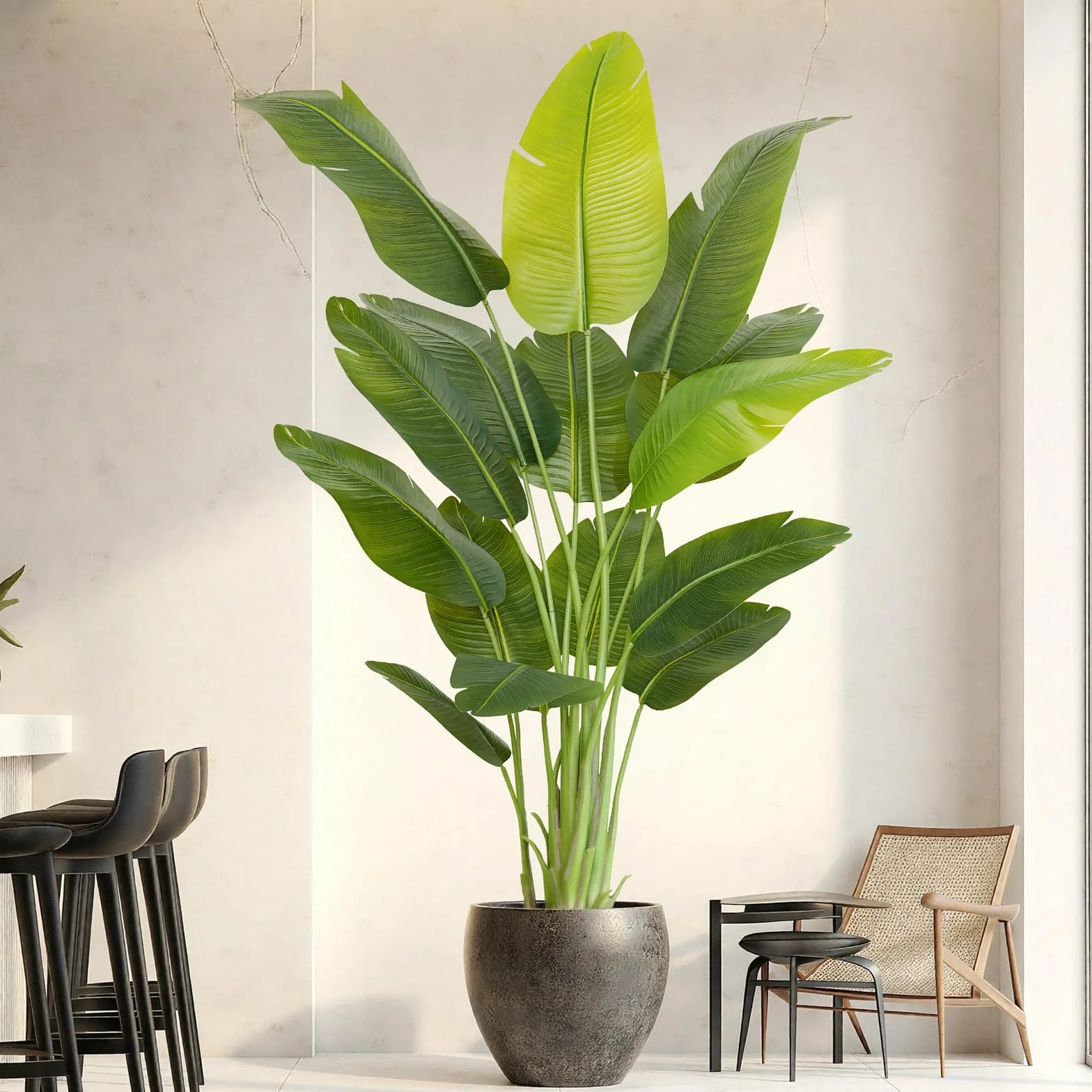 Planta Artificial Ave del Paraíso 200cm Plantas Artificiales Decorativas con 15 Hojas de Plátano,Planta Artificial Grande Interior con Maceta Blanca para Decoracion Hogar Salon Casa Room Decor