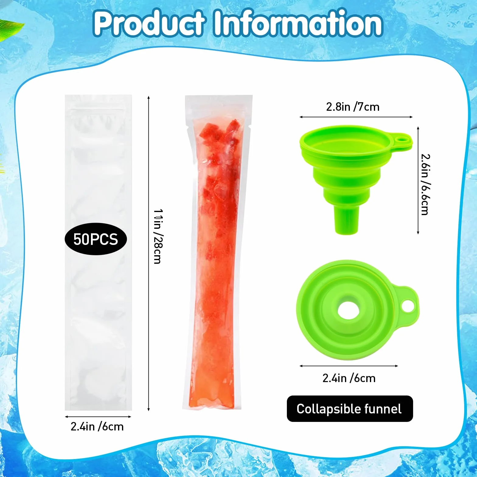 Bolsas para Helados 50 Pack Moldes para Helados Bolsa de Hielo Congelador Pop con Embudo Verde