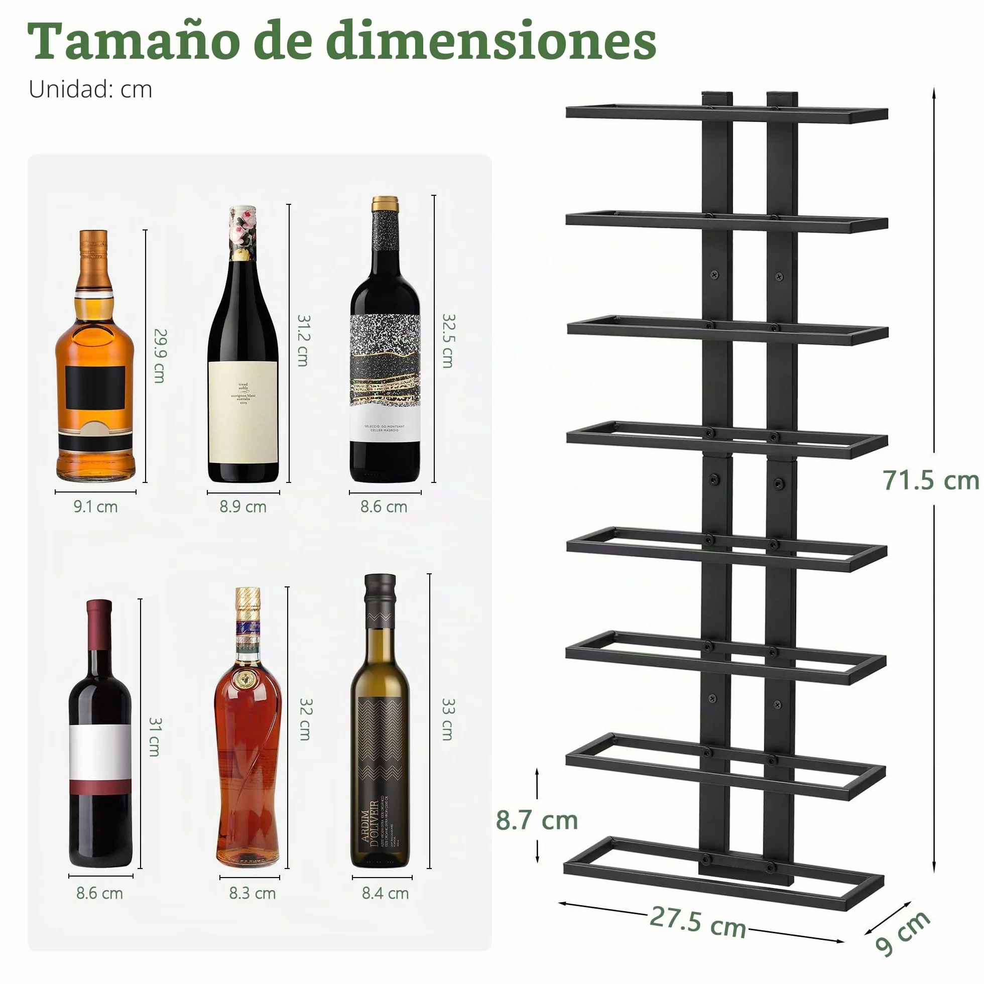 FAVOOSTY Botellero de Pared, Botellero Vertical, Estante para Botellas con 8 Niveles, 8 Botellas de Vino, Soporte para Botellas, Estante de Metal para Botellas de Vino, para Comedor, Bodega, Negro