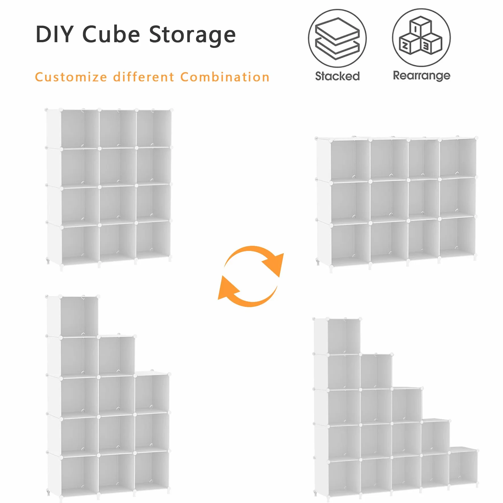 AWTATOS Organizador de almacenamiento modular de 12 cubos de plástico con estantería y mazo de madera