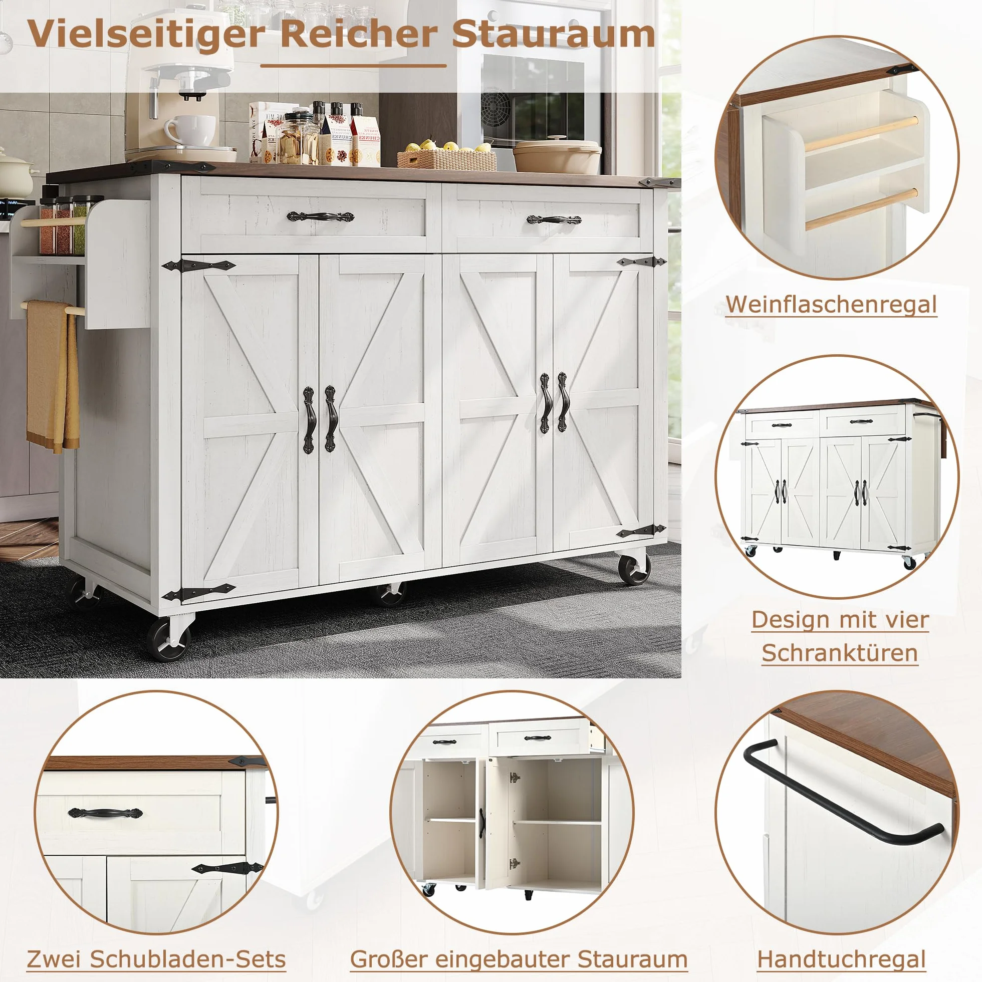 LAKFEW Isla Cocina con Ruedas, Aparador Cocina con Encimera Plegable y 4 Puertas, Mueble Cocina con 2 Cajones y Toallero, 140x45(73) x93 cm, Blanco
