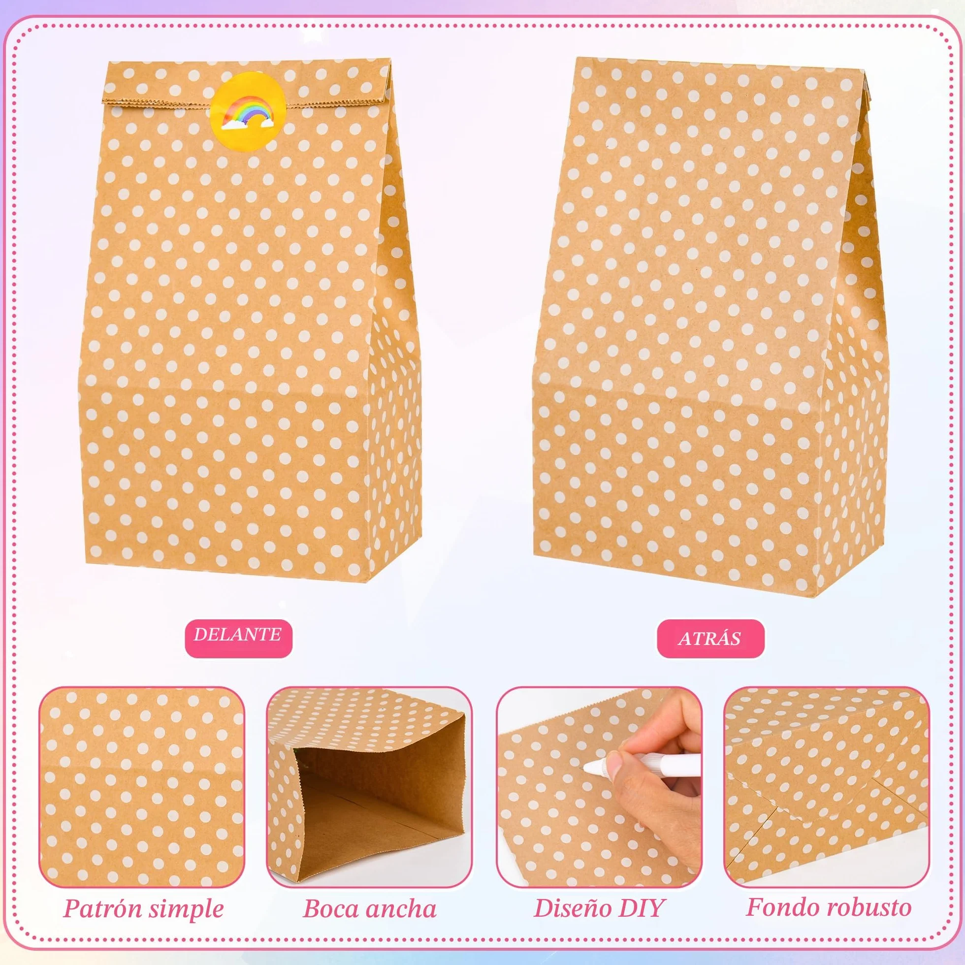 Aurinovellia 20 Piezas Bolsas de Papel Kraft, Bolsas Chuches Cumpleaños con 36 Pegatinas, Bolsa Dulce de Regalo, para Envolver Regalos, Regalos, Celebración, Boda, Fiesta