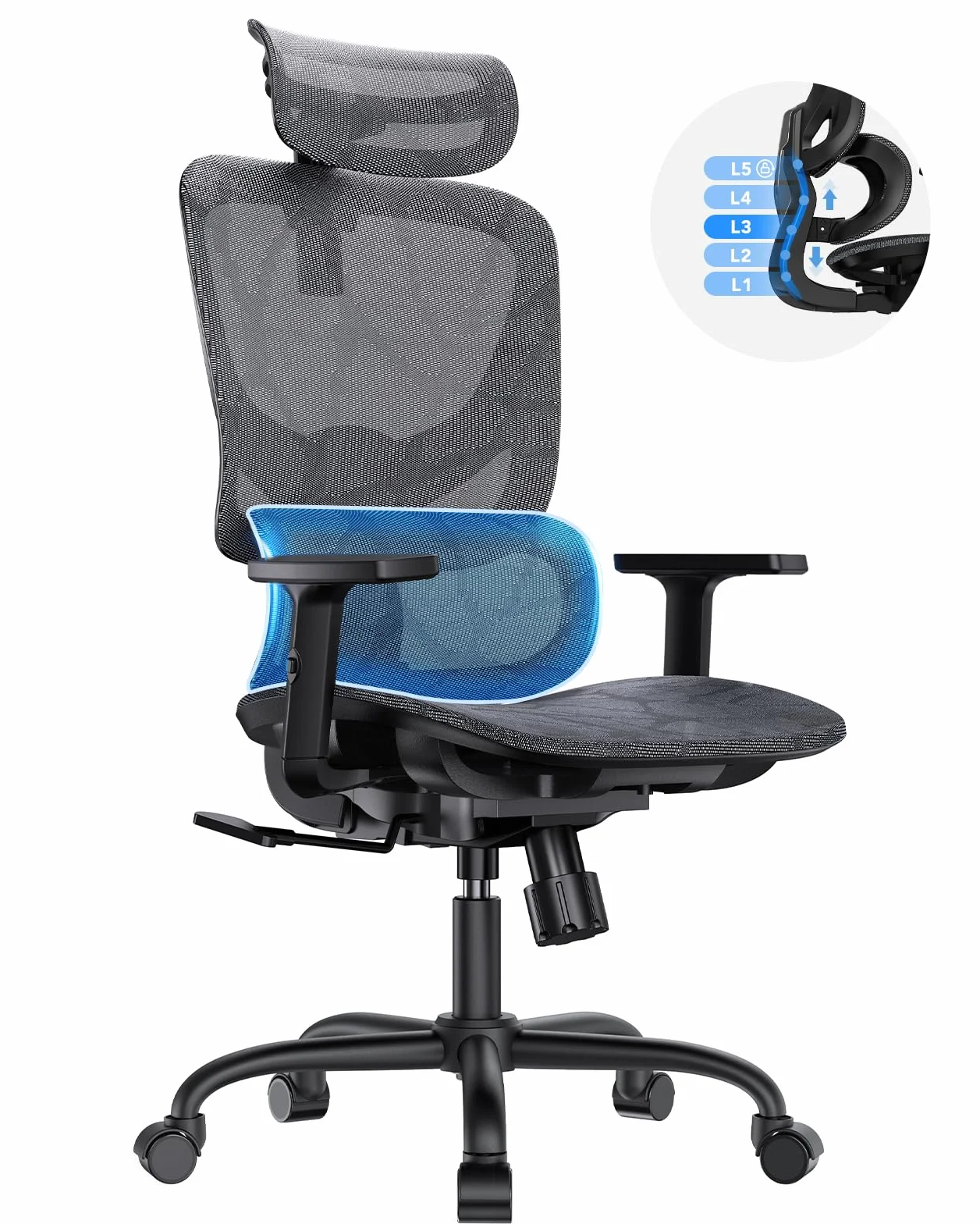 Silla de Oficina ergonómica de Malla HUANUO, Silla de Escritorio de Respaldo Alto con Soporte Lumbar Ajustable, reposabrazos, Mecanismo de balanceo, Silla ergonómica de Gaming de Malla