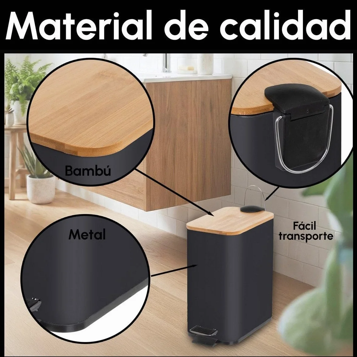 Papelera de pedal rectangular de 5 litros con acabado mate. Tapa de bambú y cuerpo de metal negro. Cubo interior de polipropileno extraíble con asa. Medidas: 25x14x27 cm