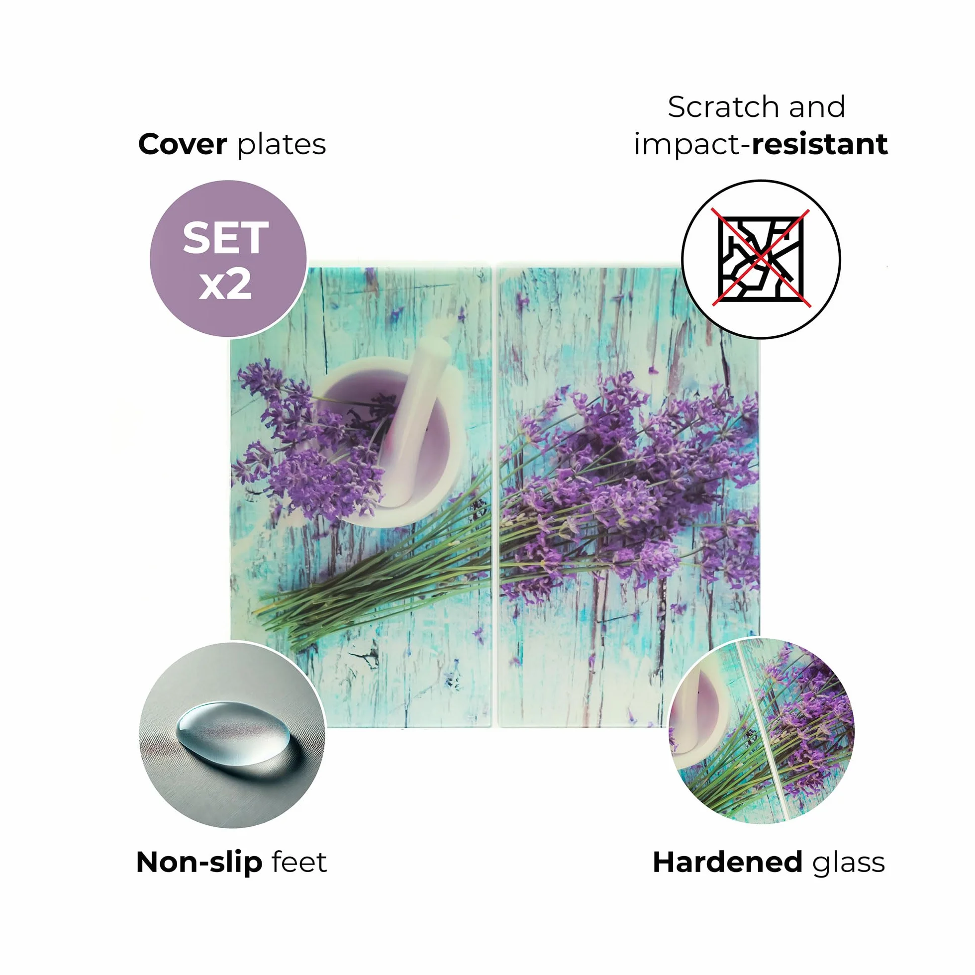 Jocca - Salvaencimeras Cristal Templado, Protector Vitrocerámica Cocina, Tabla de Cortar Vidrio, Cubre Encimera, Resistente al Calor y Arañazos, Diseño Lavanda, 2 unidades 30x52 cm