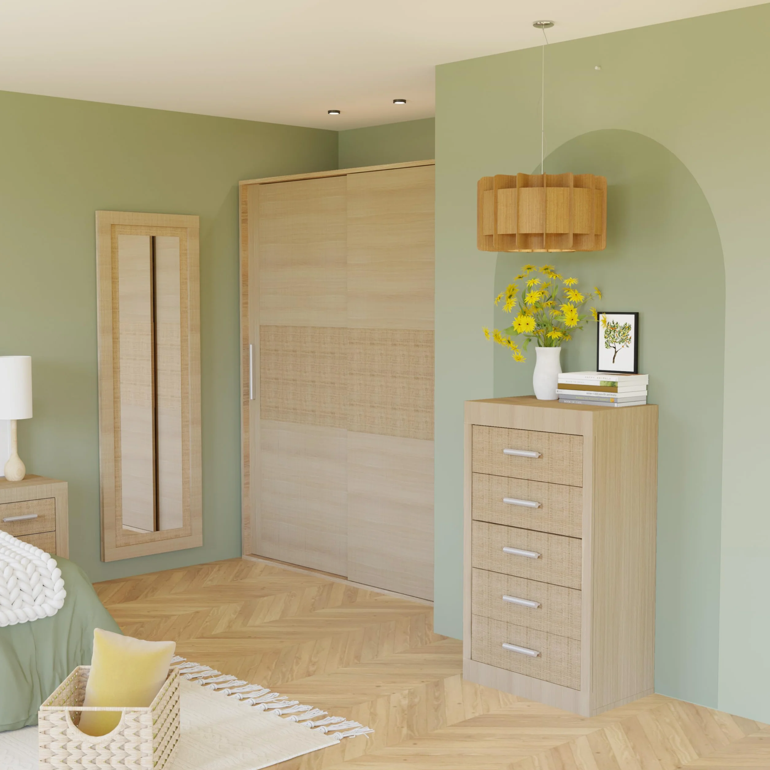 duehome | Pack de Dormitorio con Cabecero + 2 mesitas de Noche + Sinfonier + Espejo + Armario y Cajonera Interior, Dormitorio Completo, Modelo Kira 5c Plus, Acabado en Tofe y Textil