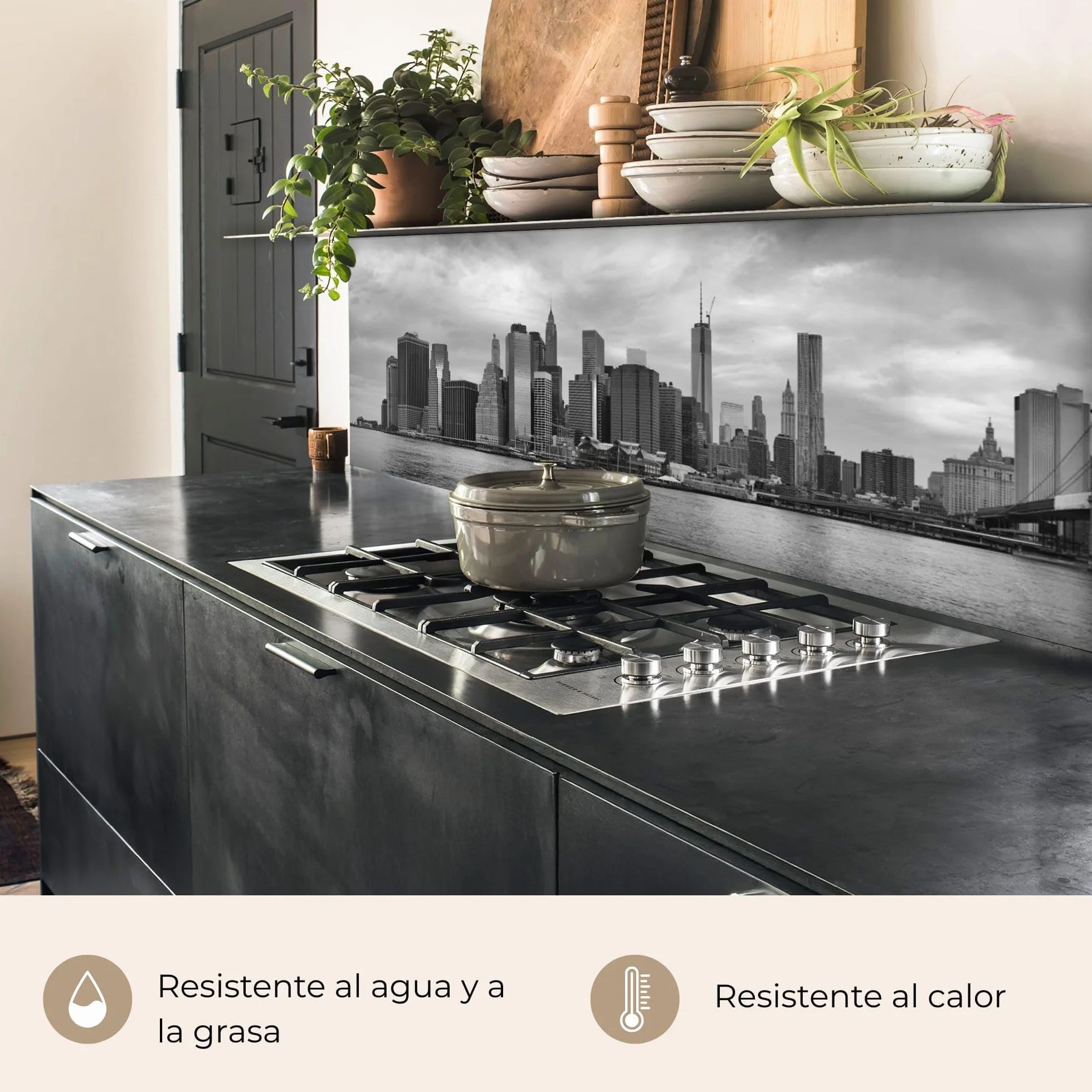 KitchenYeah© Antisalpicaduras Cocina 80x300 cm Adhesivo Salpicadero Protector Pared Salpicaduras Revestimiento Skyline - Puente - Edificios - Incoloro