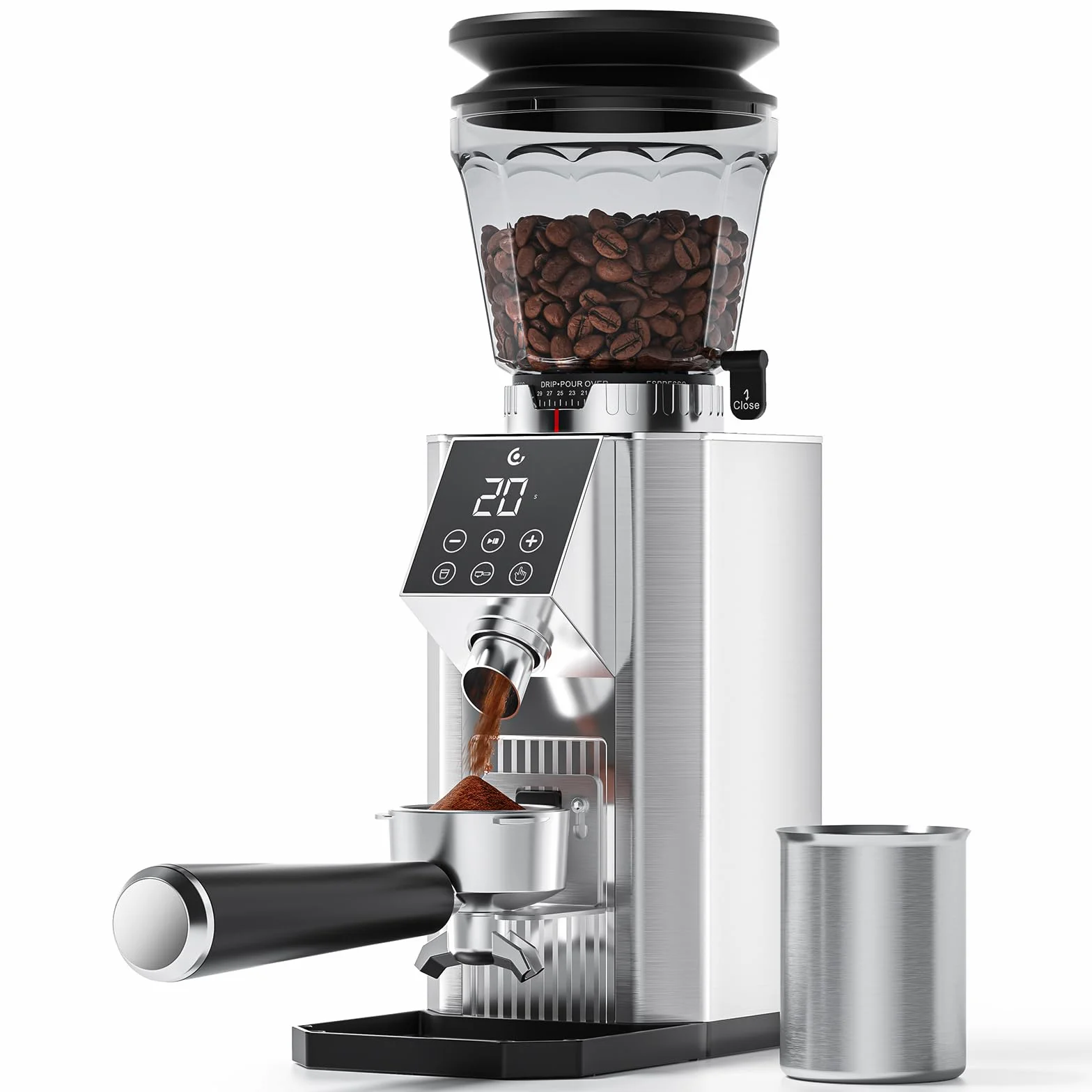 AMZCHEF Molinillo de Café Eléctrico para Espresso, 45 Ajustes de Molienda, Muelas Cónicas de Acero Inoxidable, Soporte para Portafiltros Ajustable, Panel Táctil LED, Tecnología Anti-Stática