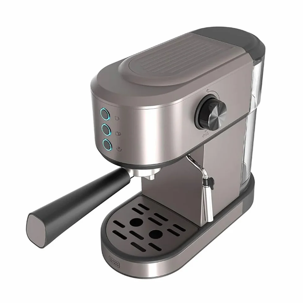 Black+Decker - Máquina de Espresso BXCO1350E | 1350W | 20 Bares | Sistema Thermoblock | Filtros 1 y 2 Tazas | Lanza de Vapor Orientable | Depósito Extraíble 1L | Calienta-Tazas y Bandeja Recogegotas