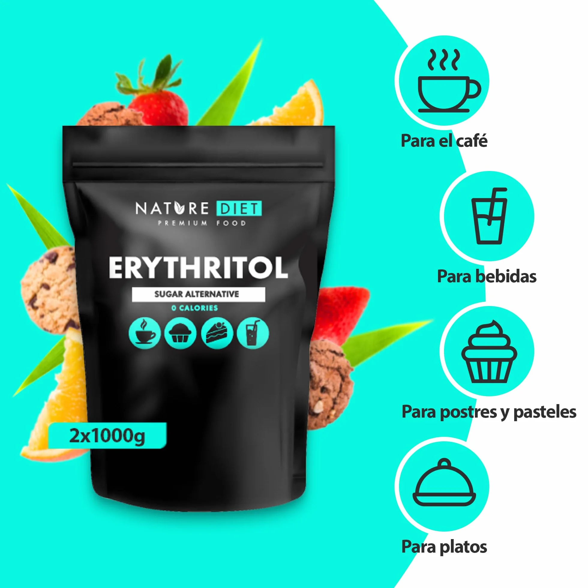 Nature Diet Eritritol 2 x 1000 g Edulcorante natural Cero calorías