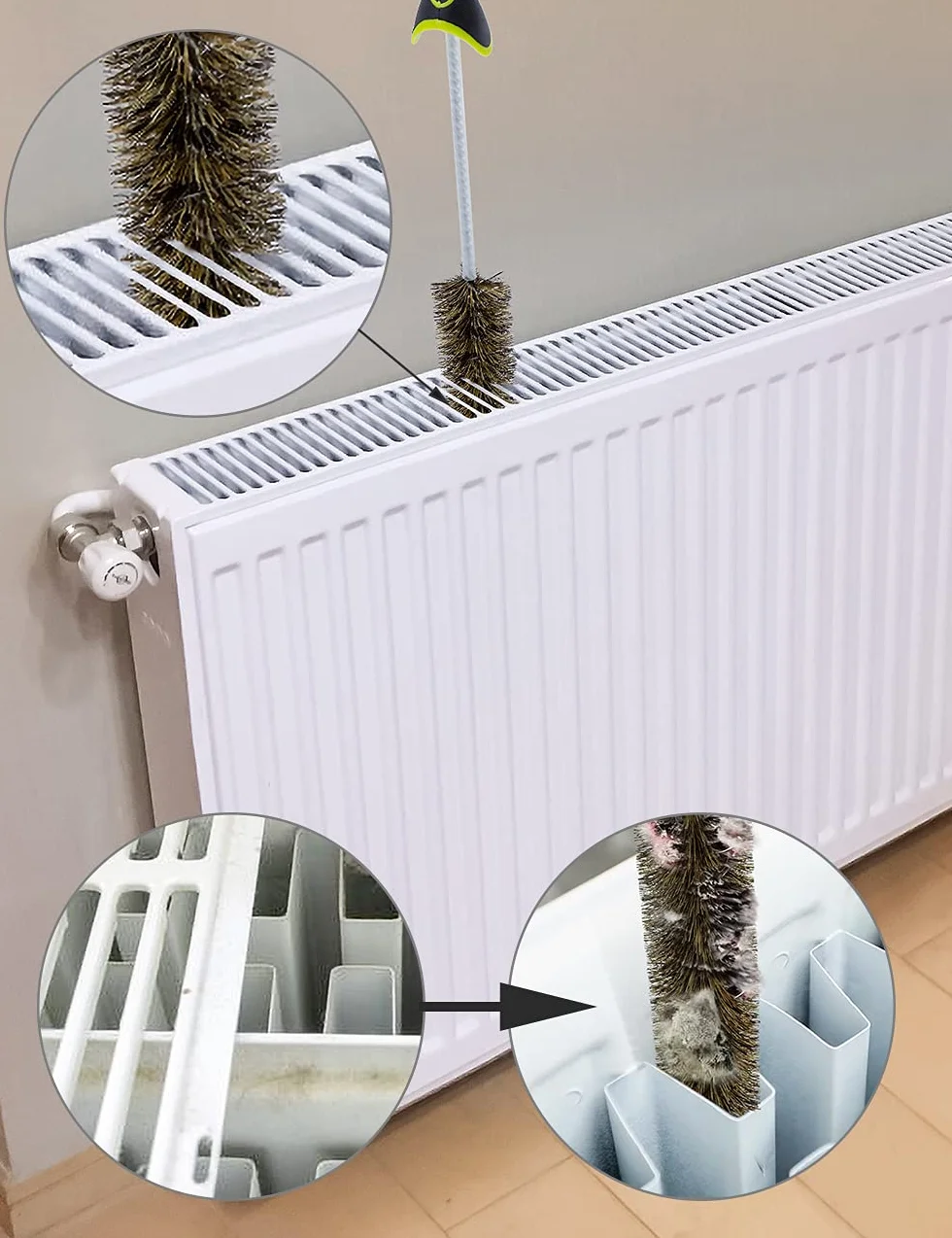 Cepillo limpiador de radiadores de cerdas, 81 cm cepillo de radiadores de alambre trenzado flexible. Con cabeza de silicona y tubo protector para evitar cualquier arañazo