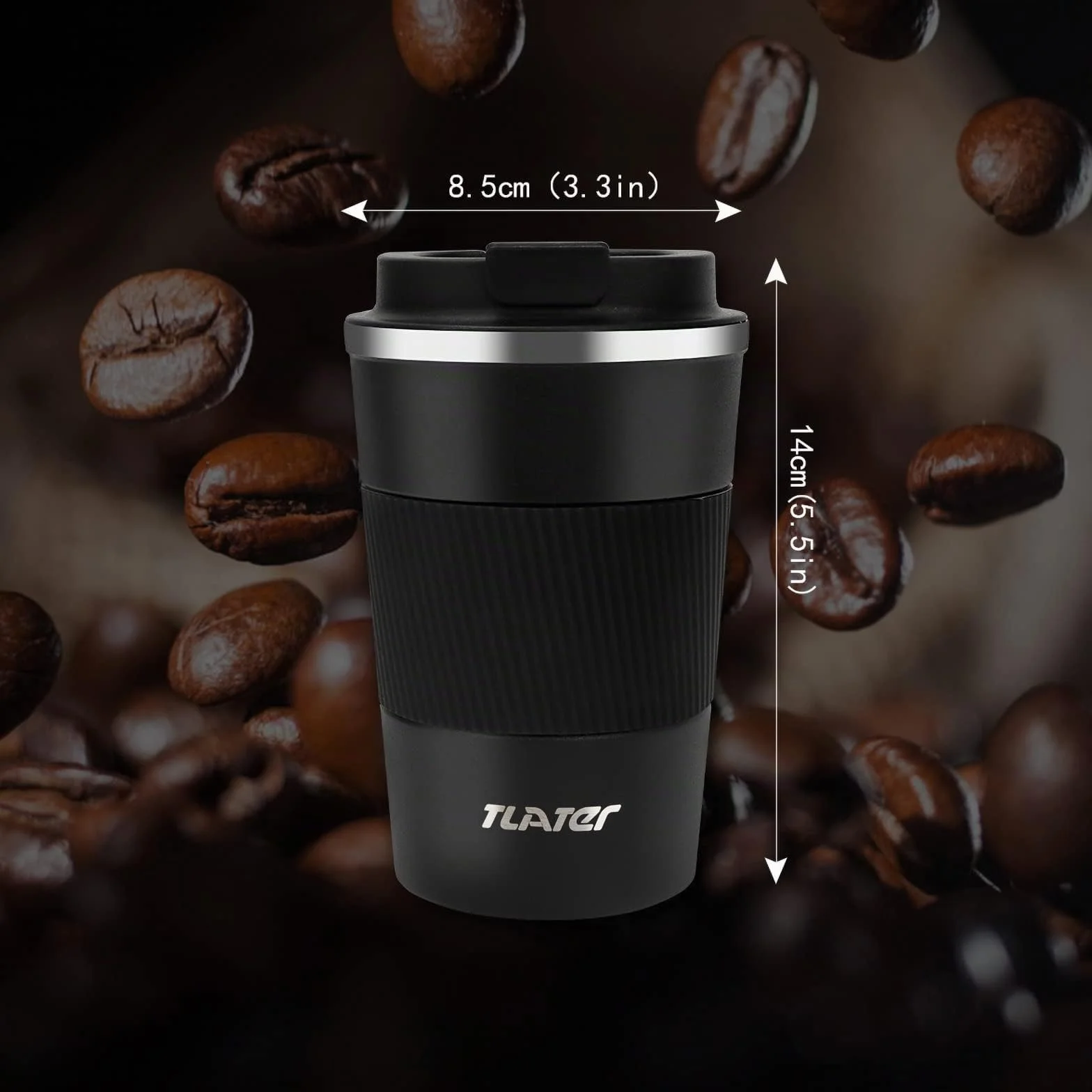 Tlater Taza de café para llevar, 380 ml, termo con tapa a prueba de fugas, vaso de viaje de doble pared, de acero inoxidable, taza de viaje para café y té (negro)