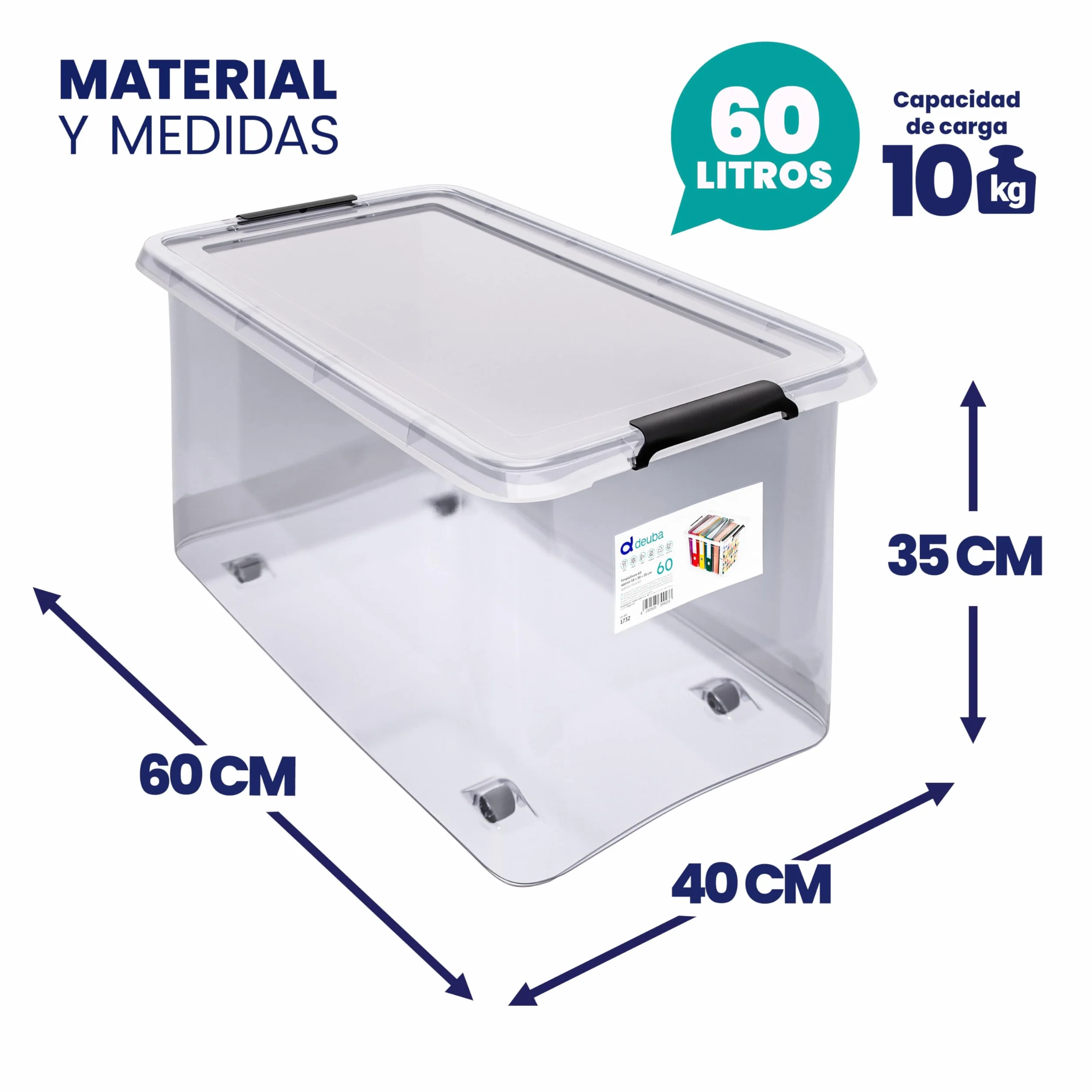 Deuba 4X Cajas de Almacenamiento 60L Tapa Clips de Cierre Transparentes Apilable