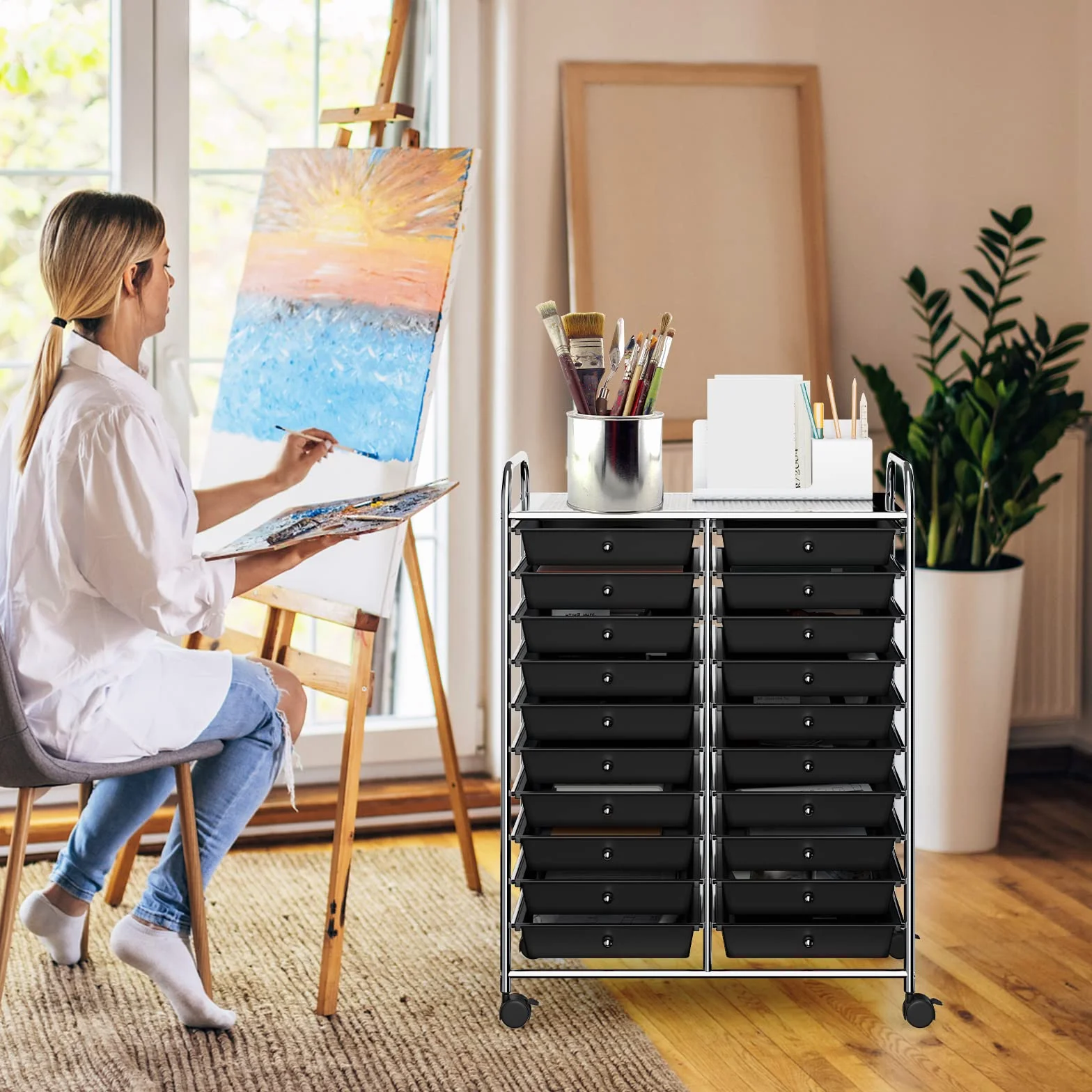 GOPLUS Carro de almacenamiento de metal con 20 cajones, torre de almacenamiento, carrito con 4 ruedas, 2 con frenos, cajones multicolores, ideal para salón, cocina, cuarto de baño (negro)