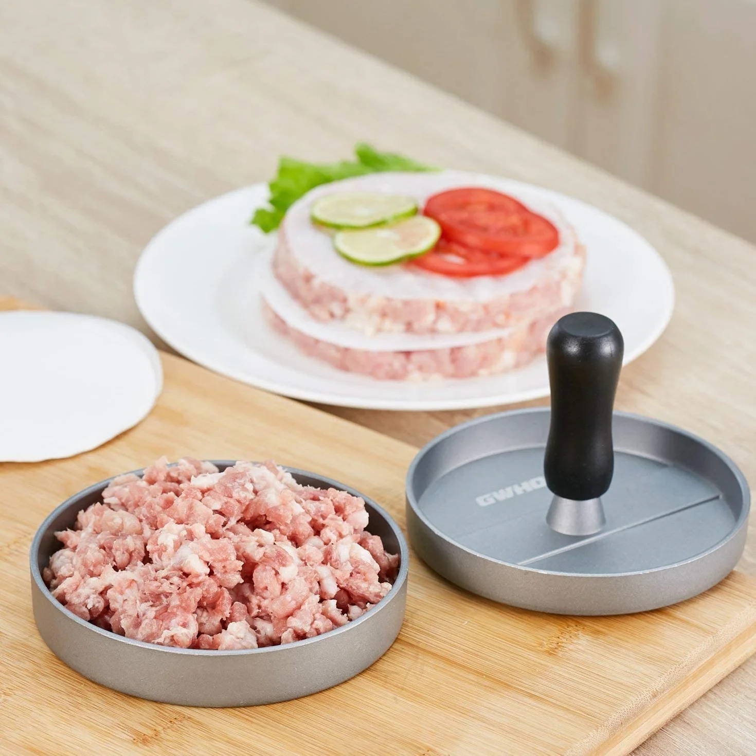 GWHOLE Prensa de Hamburguesa Antiadherente 11,5 cm con 100 Papeles