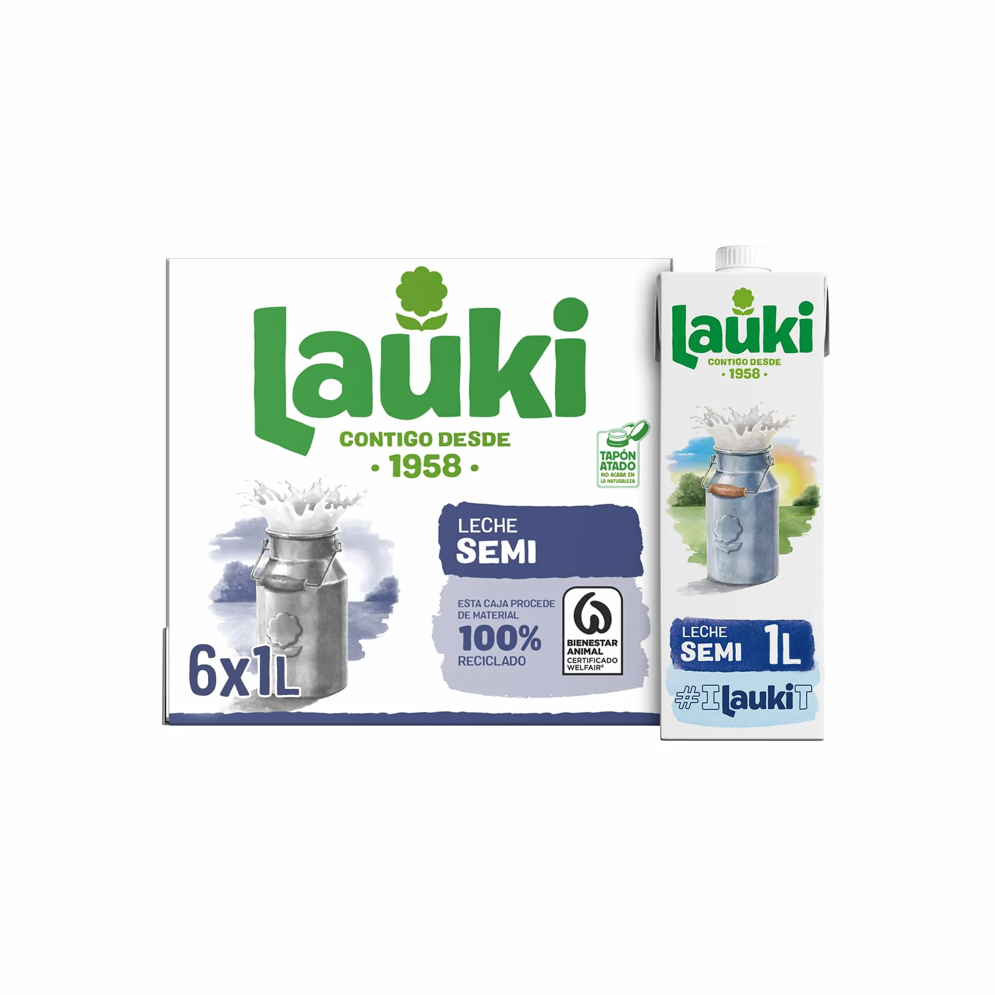 Lauki Leche Semidesnatada Bienestar Animal Sin Azúcar Añadido Sin Gluten Brik UHT Pack 6 x 1L