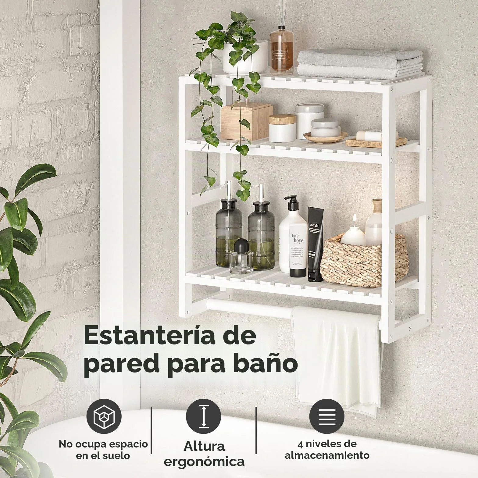 Bamworld Estantería Baño Pared 3 Niveles Bambú Ajustable Organizador Ahorrar Espacio