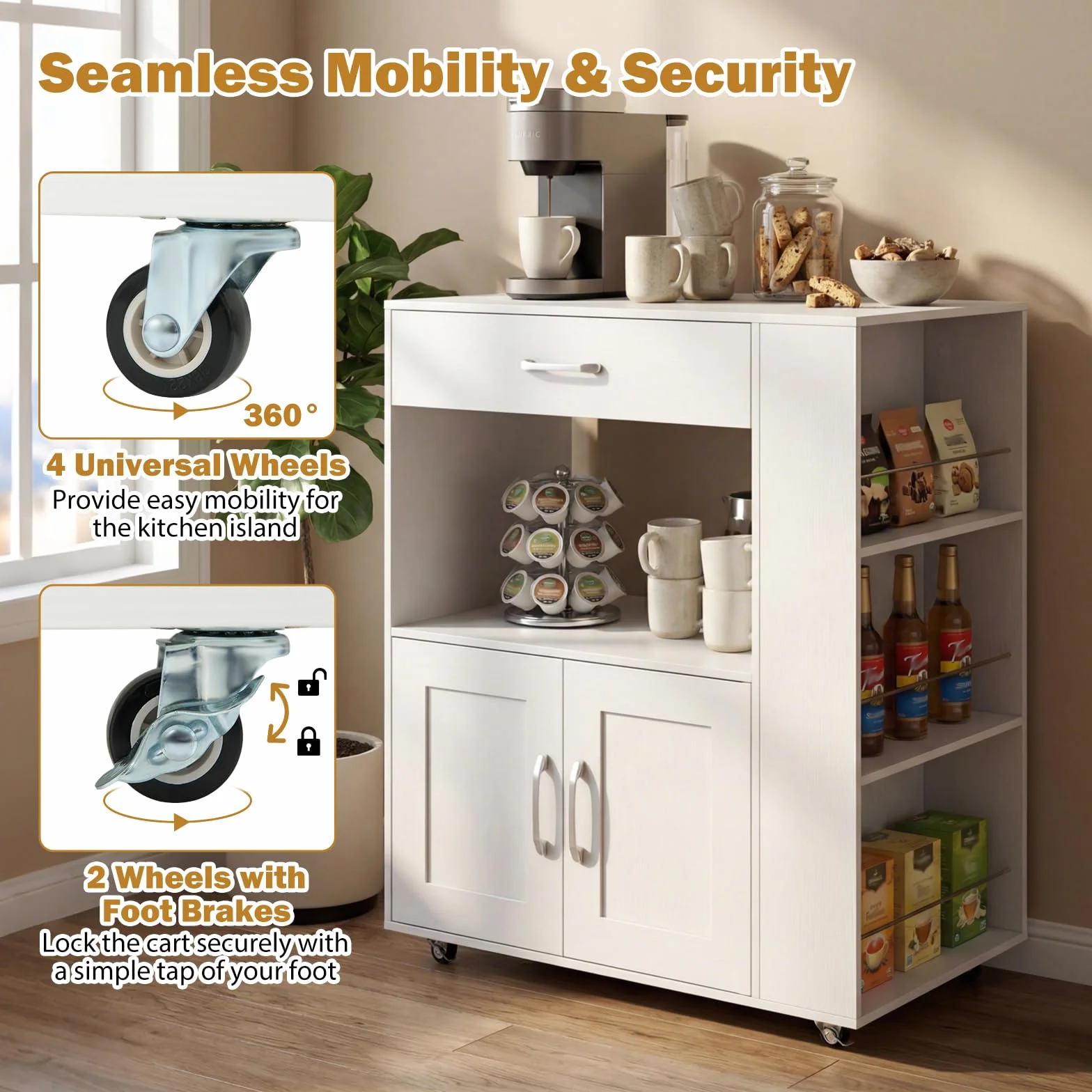 GIANTEX Carrito de cocina con ruedas, isla de cocina con encimera, isla de cocina móvil de madera, armario de cocina, carrito de servicio con cajón y 3 estantes, carrito de cocina (blanco completo)