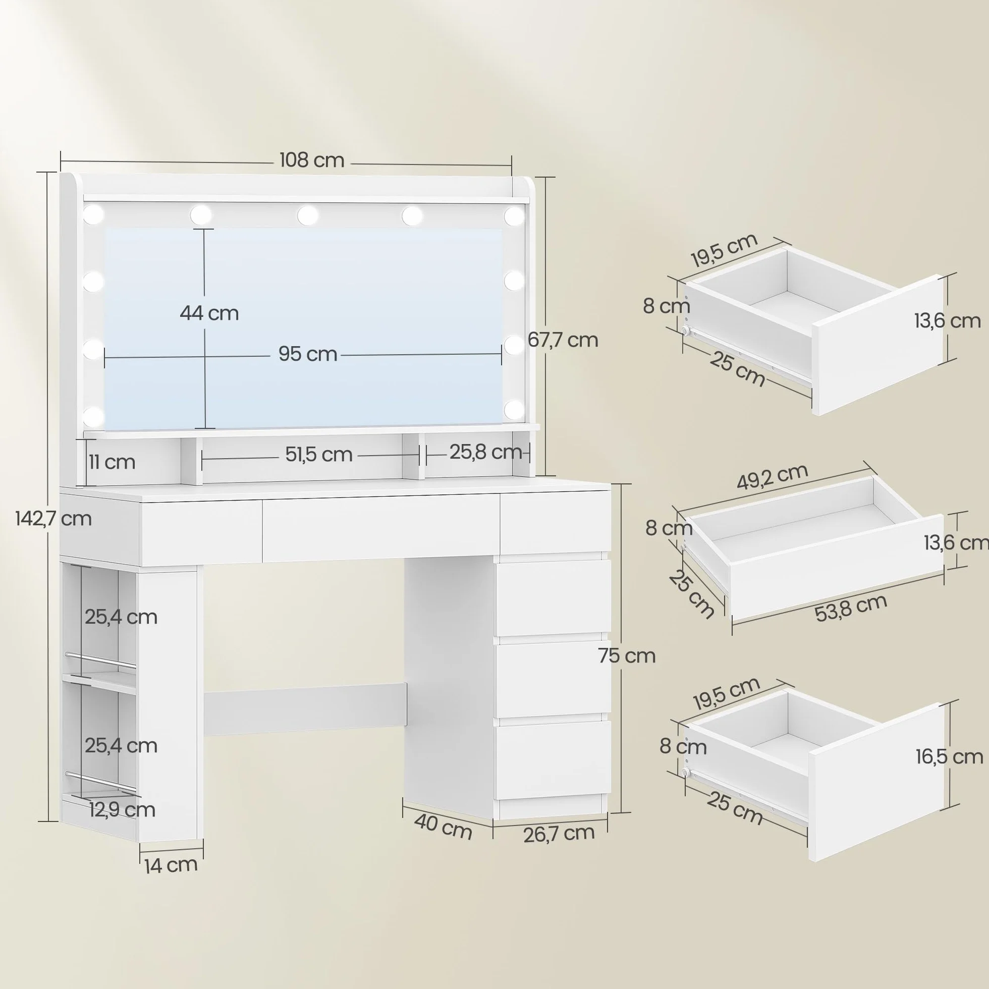HEXCELEN 108 cm Tocador con Espejo Grande, Tocador de Maquillaje con Luz LED, Mesa de Maquillaje con 6 Cajones y Compartimento de Almacenamiento Lateral Abierto, Blanco