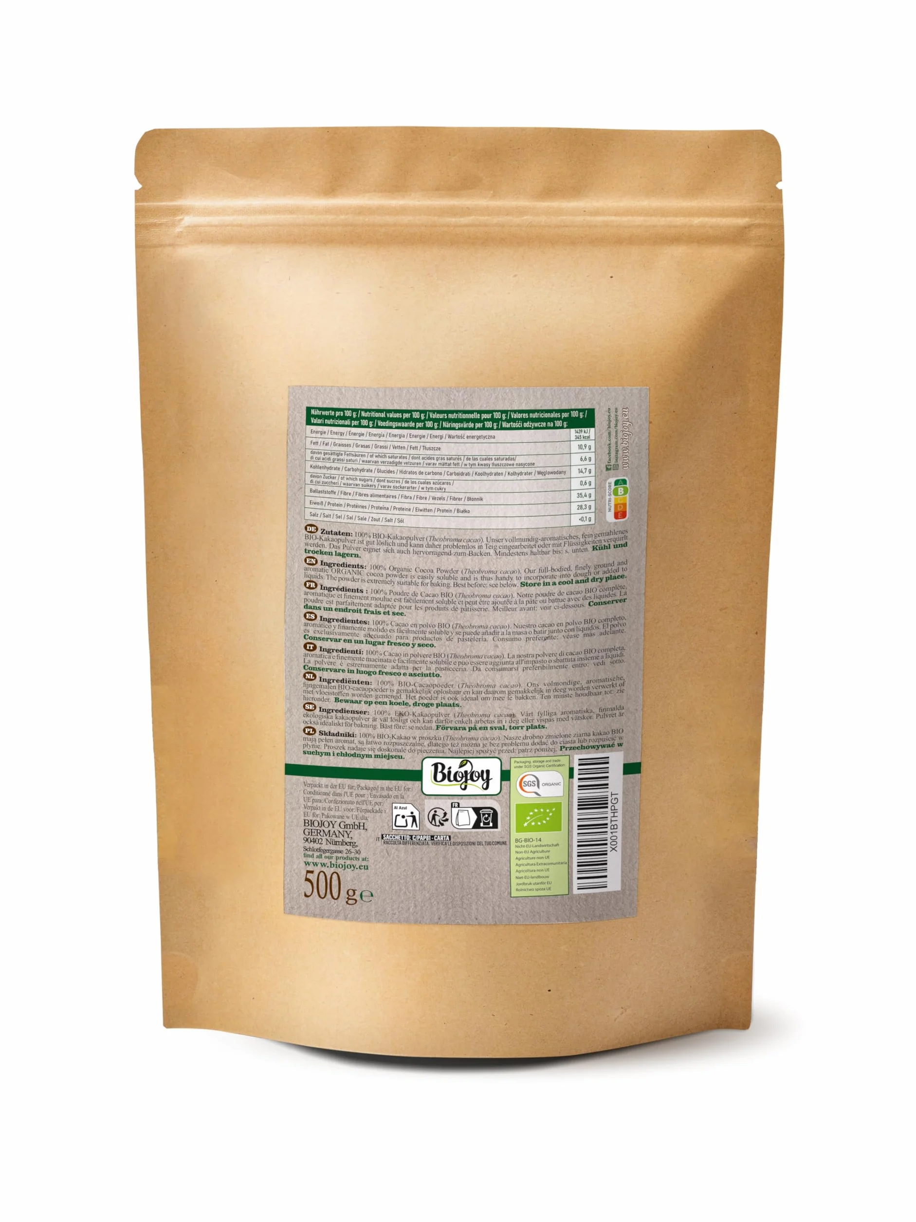 Biojoy Cacao en Polvo Ecológico 500 g, natural sin azúcares añadidos