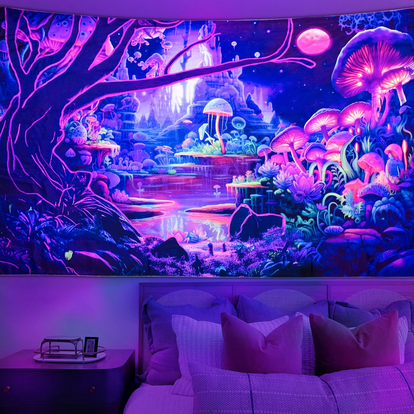 Cyiecw Negro Luz Tapiz Estético,UV Reactivo Hongo Deco Tapiz,Fluorescente Plantas Cielo Estrellado Psicodélico Bosque Paño de Pared,Colgante de Pared Dormitorio Salón Decoración(200 * 150cm)