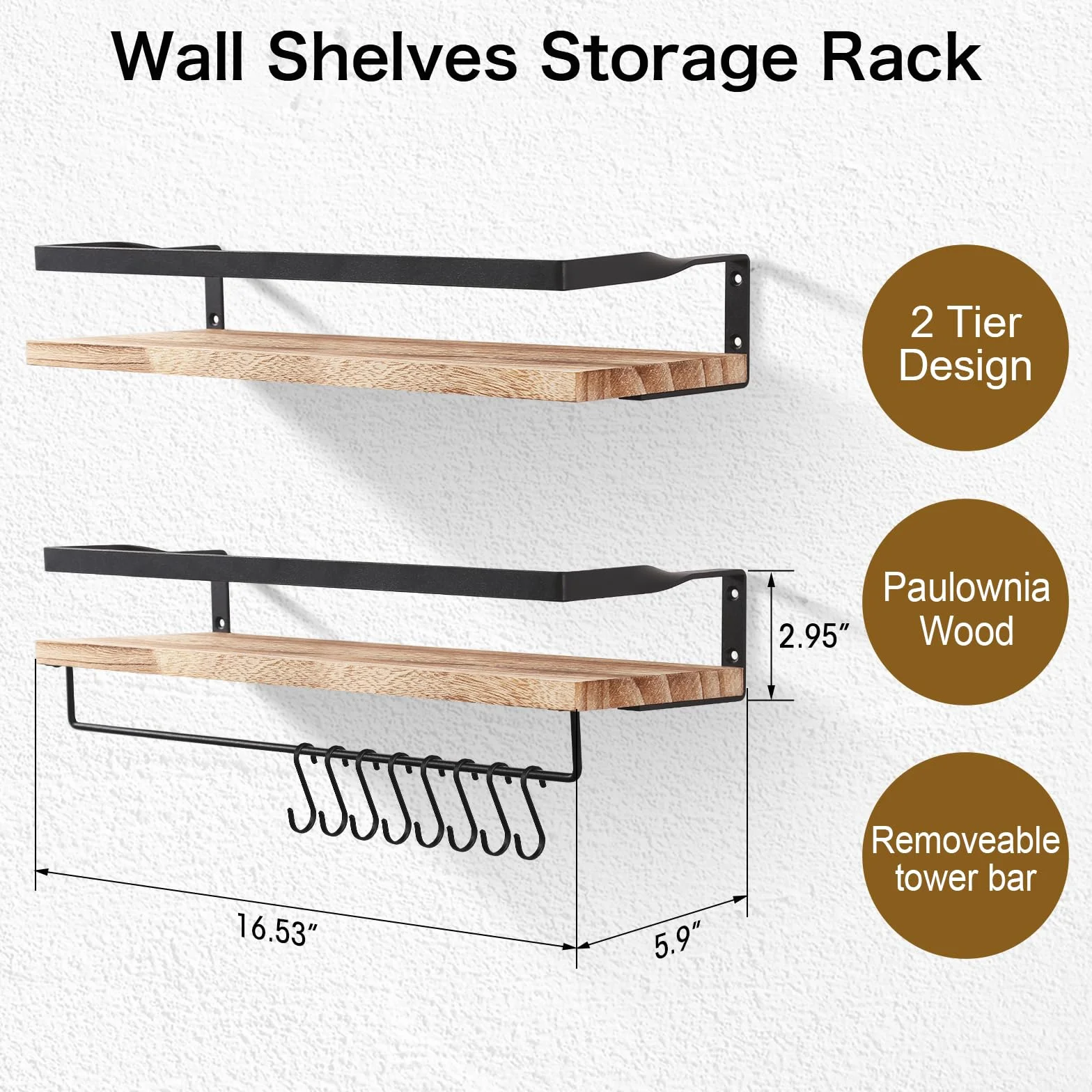 Uten Baldas Pared, Estante de Pared de 2 Niveles, Estante de Pared de Madera, 42 cm de Largo, 8 Ganchos, Adecuado para Dormitorio, Cocina, Baño, Sala de Estar, Solución Perfecta para Ahorrar Espacio