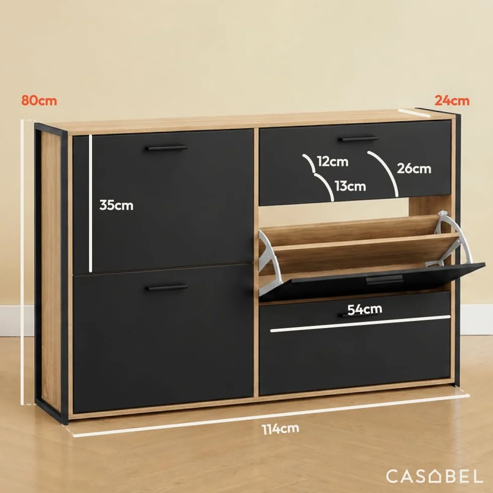 CASABEL Zapatero 4 Abatibles, Mueble Zapatero Entrada Negro & Madera, Diseño Moderno, Gran Capacidad 24 Pares, Mueble de Almacenaje para Pasillo, Entrada, Salón, L114xF24xH83 cm