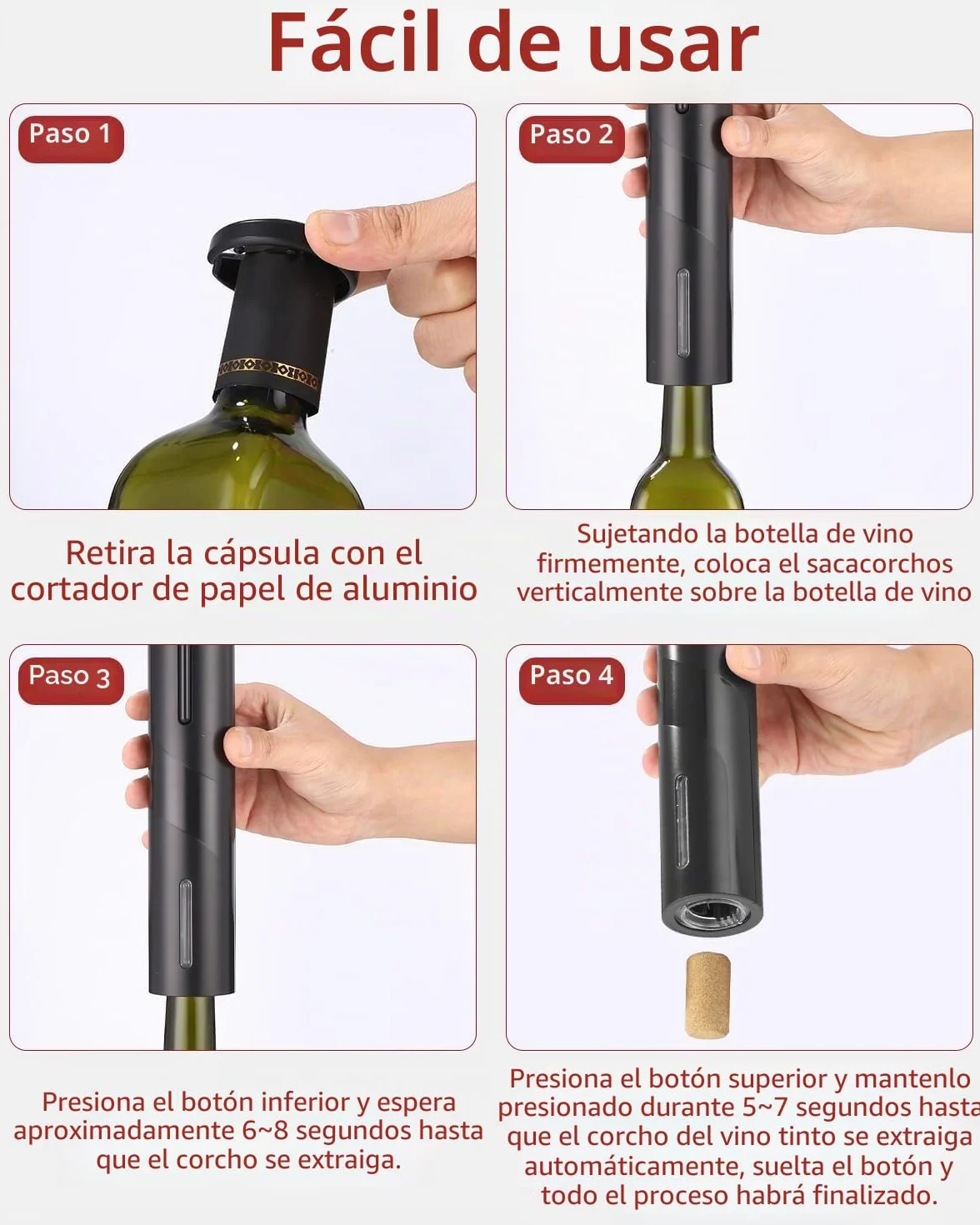 Sacacorchos Eléctrico a Pilas, Abrebotellas Automático Inalámbrico, Abridor de Vino Automático Profesional, con Cortacápsulas, Regalo para Amantes del Vino, Negro