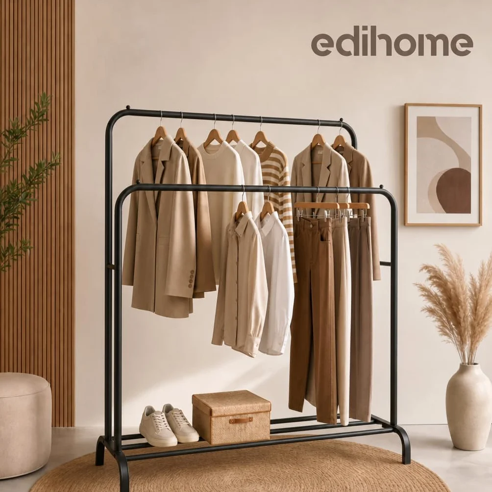 Perchero Colgador de Ropa Doble Metálico 110x150x54 cm con Soporte para Zapatos Negro