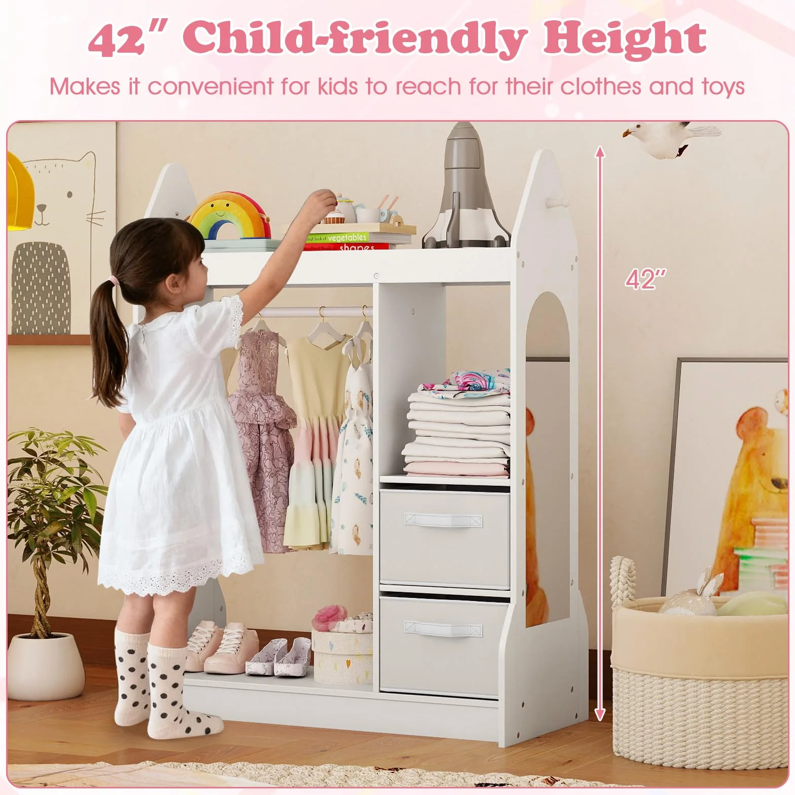 FANTASK Armario Infantil con Cajones de Tela, Espejo y Perchero de Madera, 81 x 38 x 107 cm, Blanco