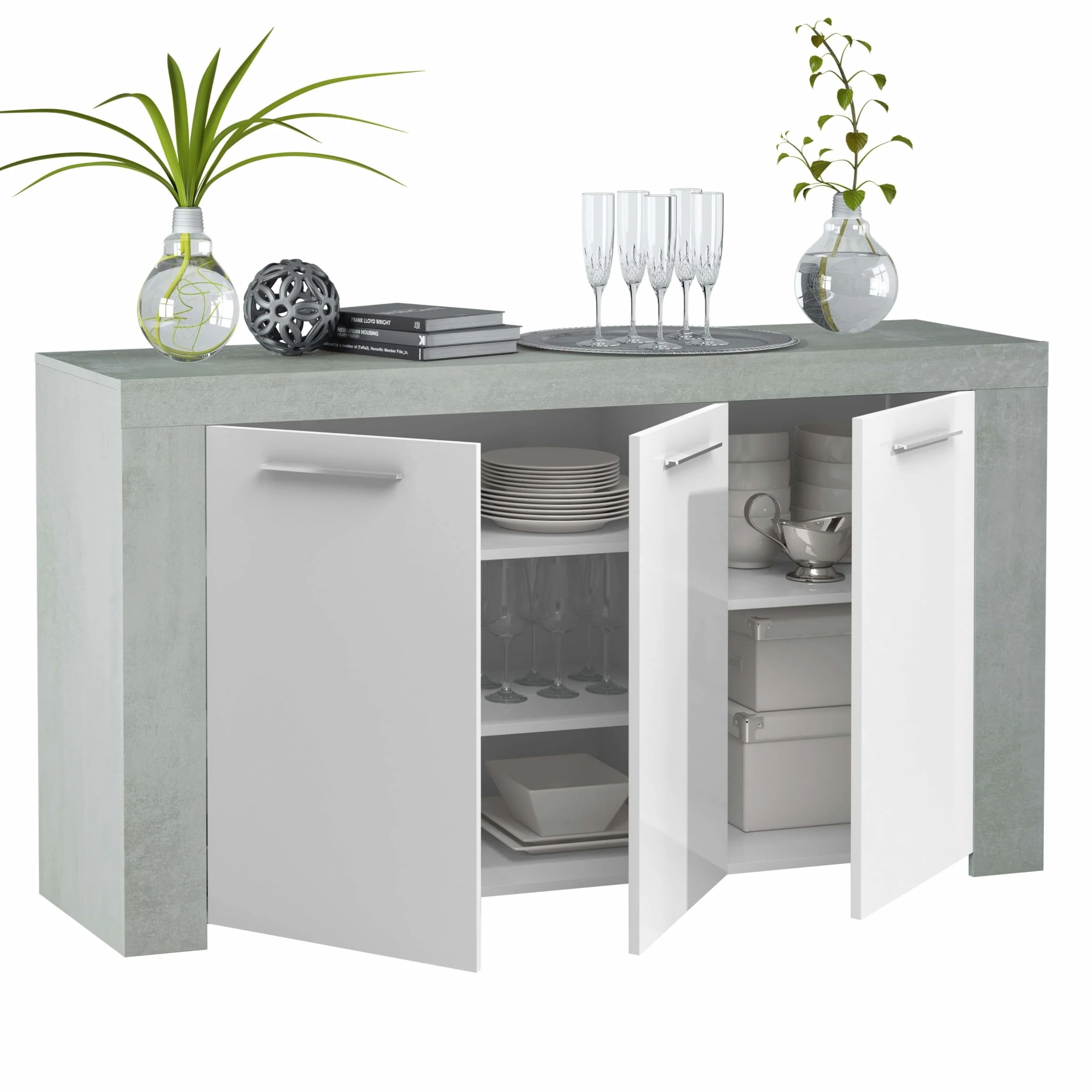 Habitdesign, Aparador, Buffet Moderno, Armario Auxiliar Comedor, Modelo Ambit, Color Blanco Artik y Gris Cemento, Medidas: 144 cm (Largo) x 42 cm (Fondo) x 80 cm (Alto)