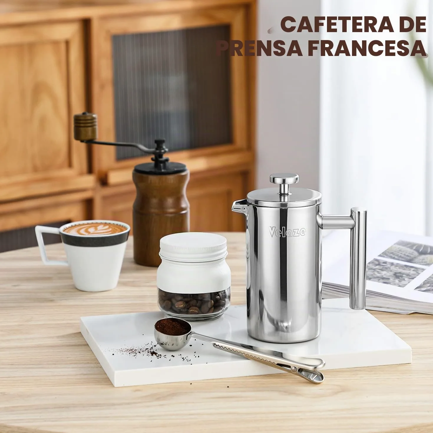 Velaze - Cafetera de émbolo (acero inoxidable, 350 ml, para 2 tazas, doble pared, cafetera, con 5 flitros y cuchara-S