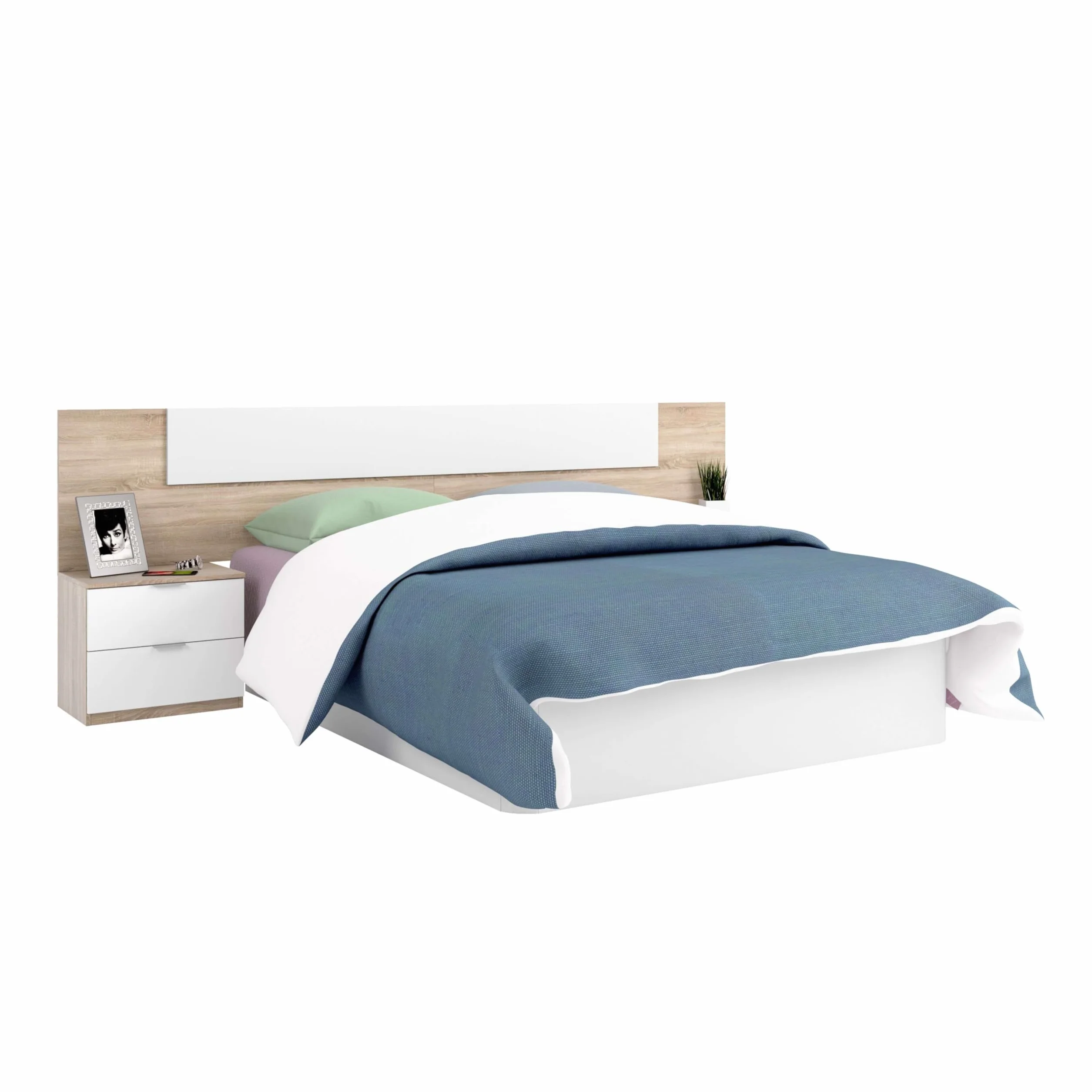 Pack Habitación Matrimonio Alba II 150x190 (Cama+ Cabezal + 2 Mesitas + Armario + sinfonier) Incluye Somier